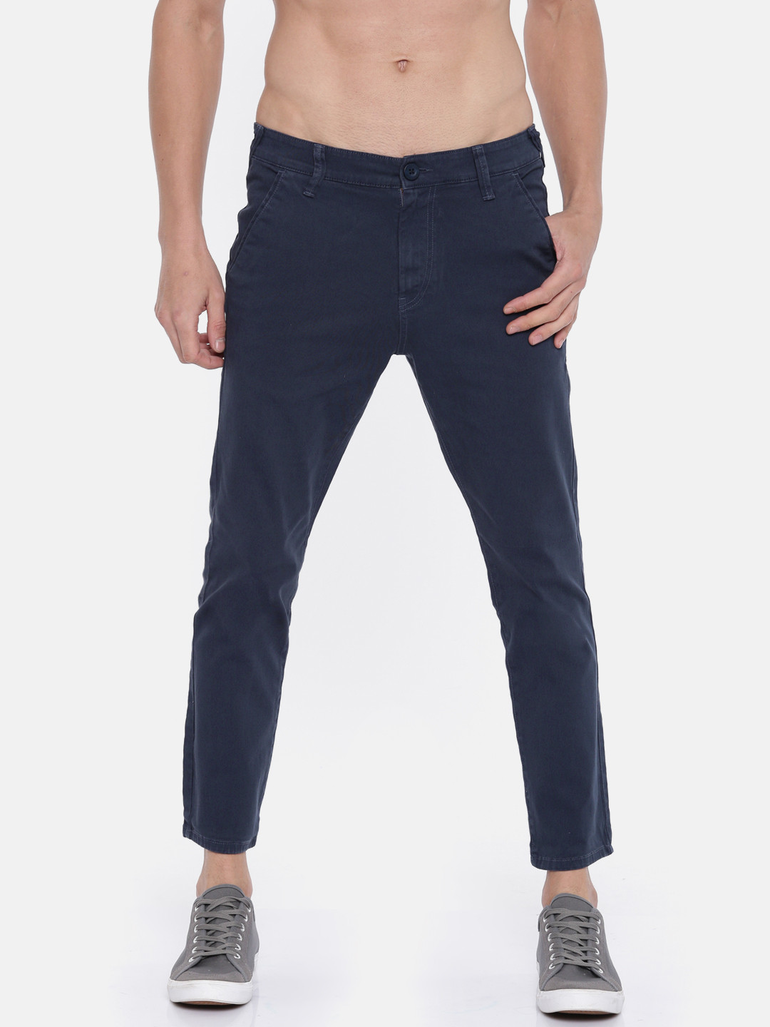 Buy HERE&NOW Men Navy Blue Slim Fit Solid Cropped Chinos - Trousers for ...