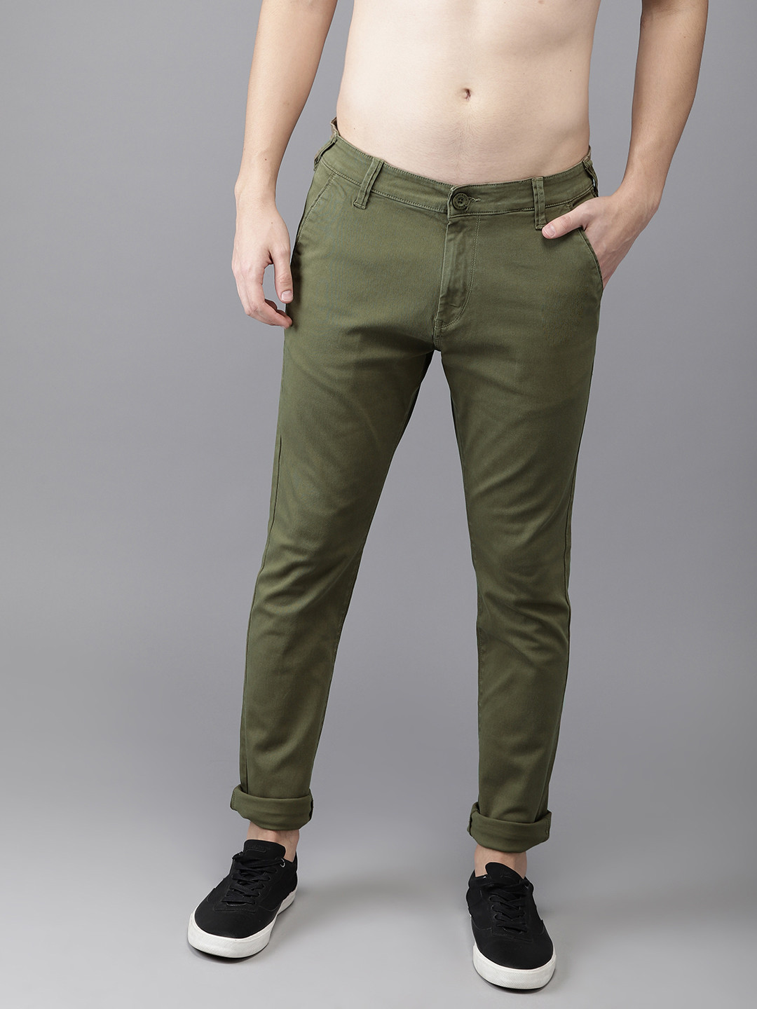 Buy HERE&NOW Men Olive Green Slim Fit Solid Chinos - Trousers for Men ...
