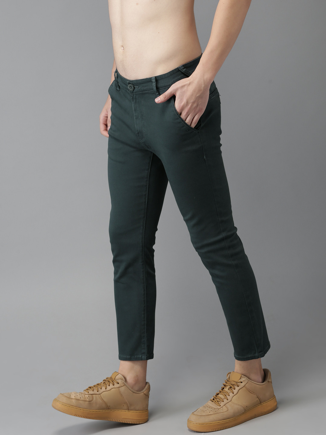 Buy HERE&NOW Men Navy Blue Regular Fit Solid Cropped Chinos - Trousers ...