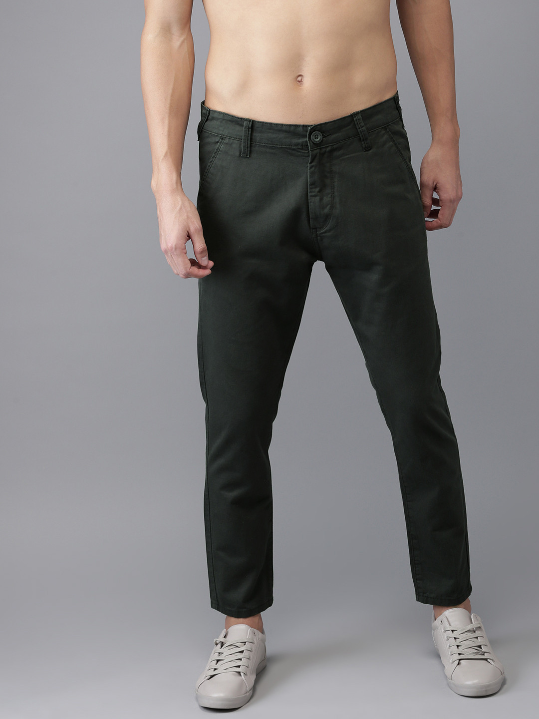 Buy HERE&NOW Men Charcoal Grey Slim Fit Solid Cropped Chinos - Trousers ...