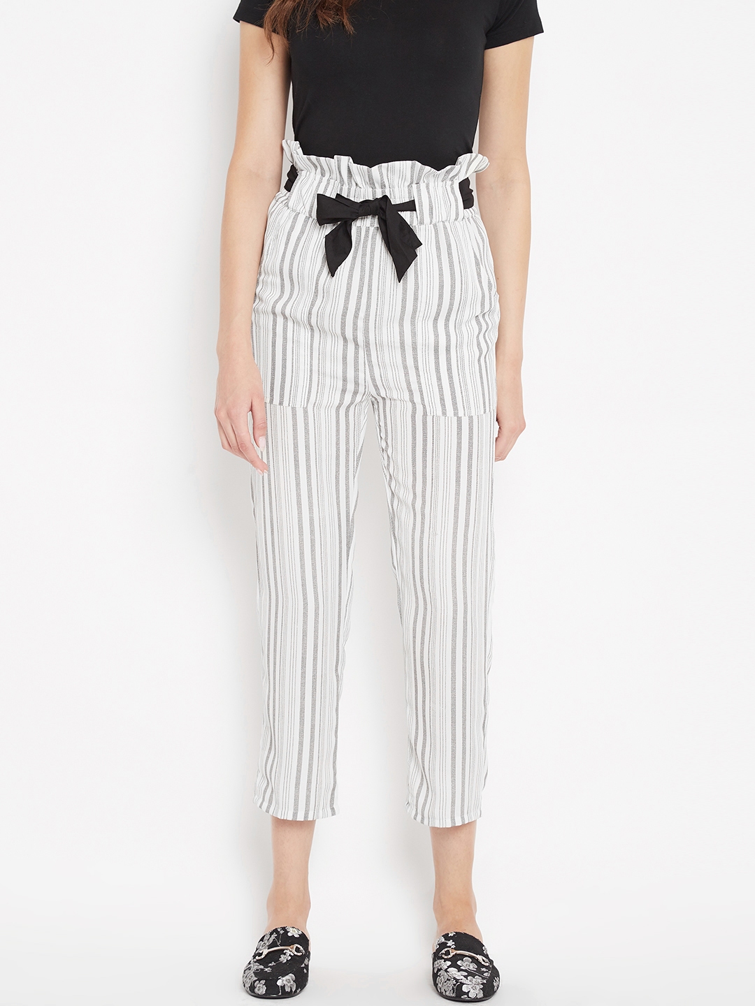 Buy PANIT Women Off White & Black Regular Fit Striped Cropped Trousers - Trousers for Women 