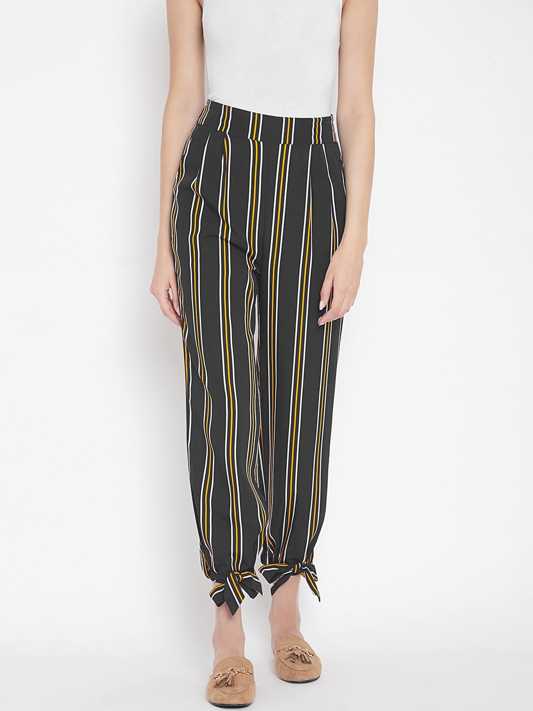 green and white striped trousers