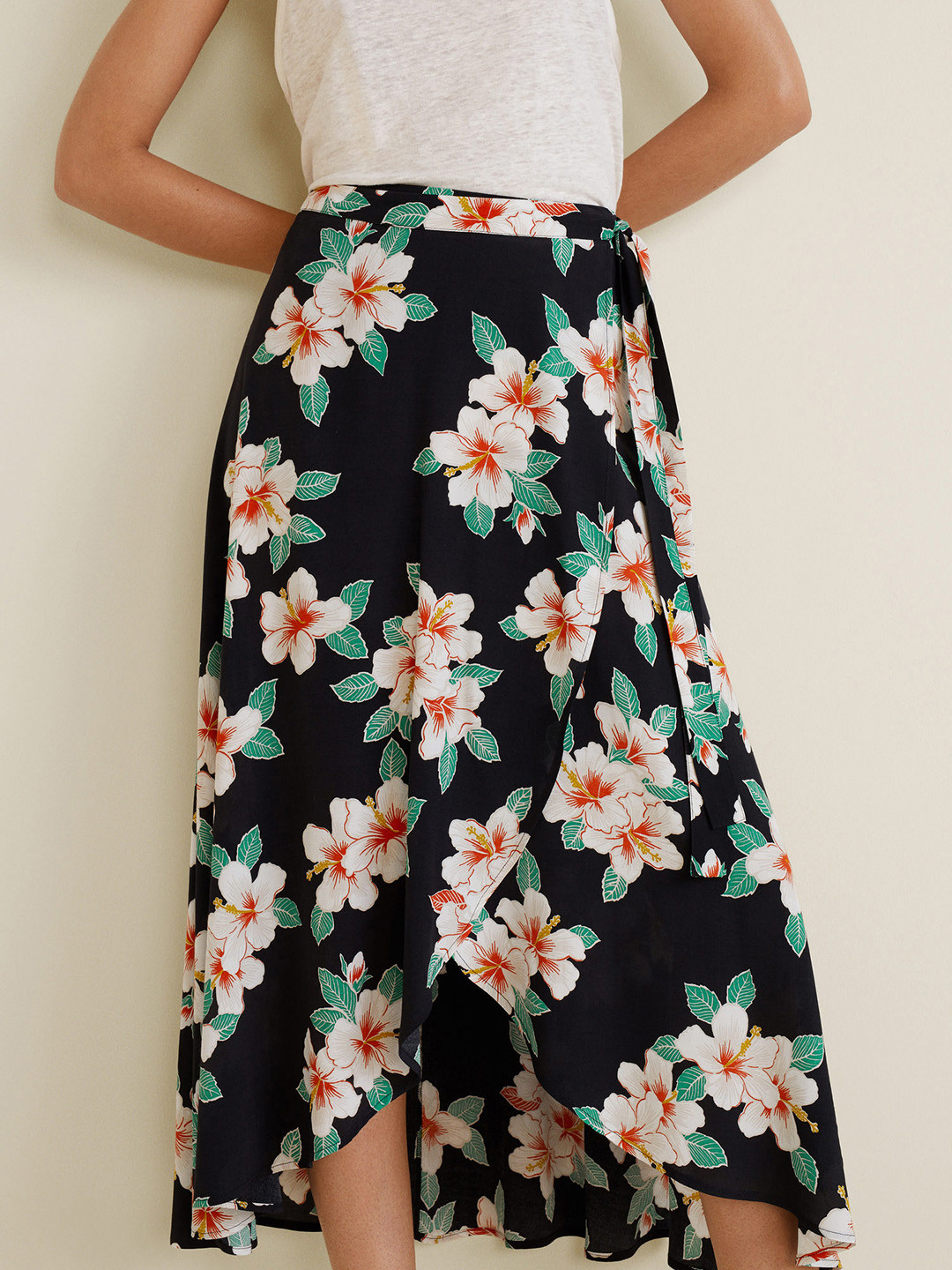 Buy MANGO Women Navy Blue & Off White Floral Print Wrap Skirt Skirts