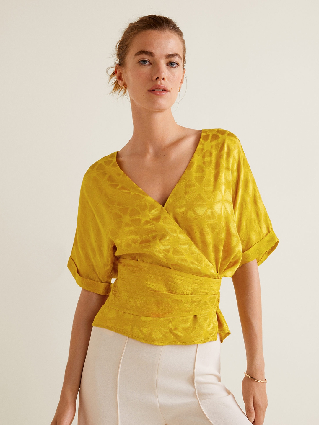 Buy Mango Women Mustard Yellow Self Design Wrap Top Tops