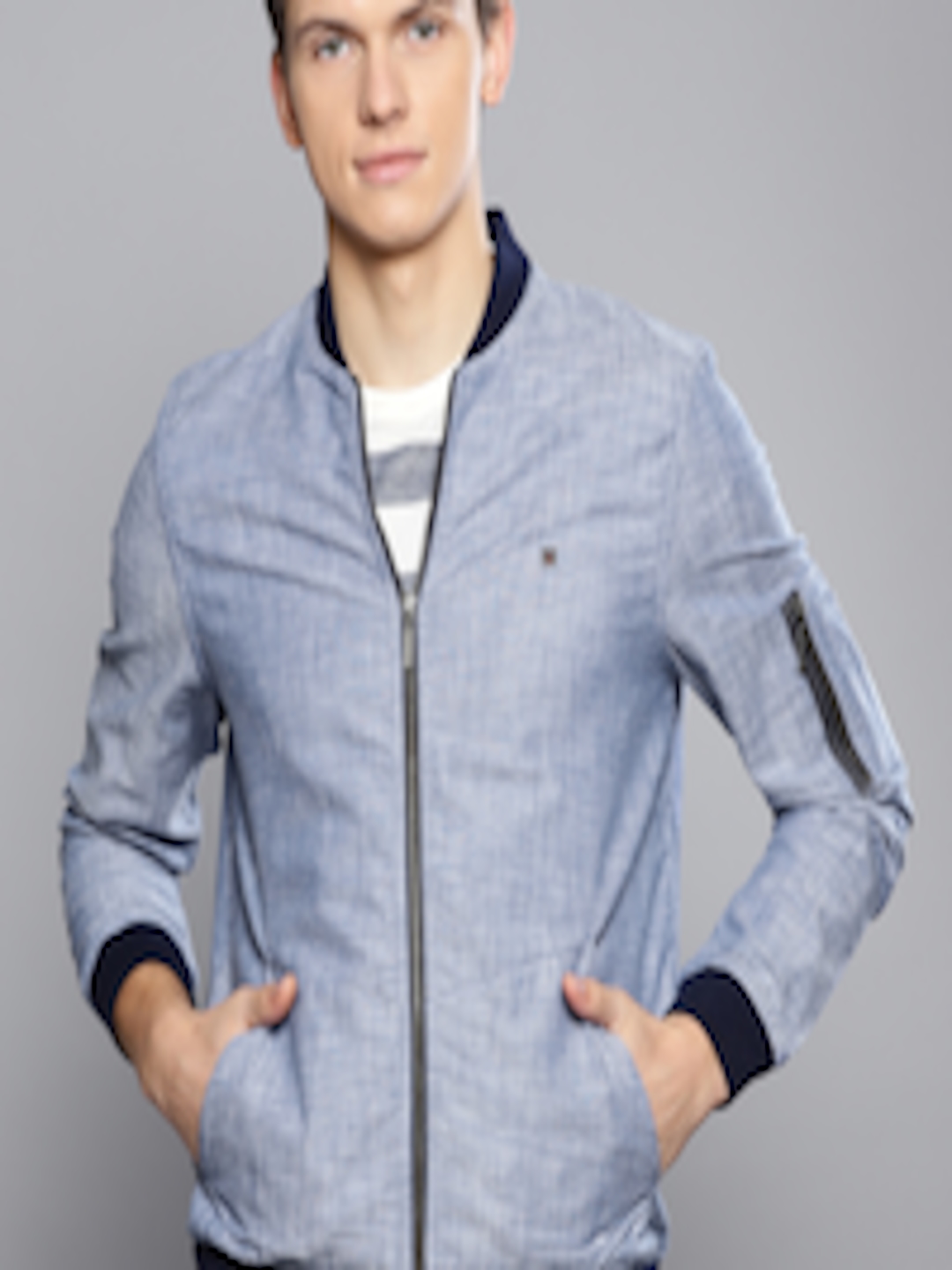 Buy Louis Philippe Jeans Men Blue Solid Bomber Jacket - Jackets for Men 6996203 | Myntra
