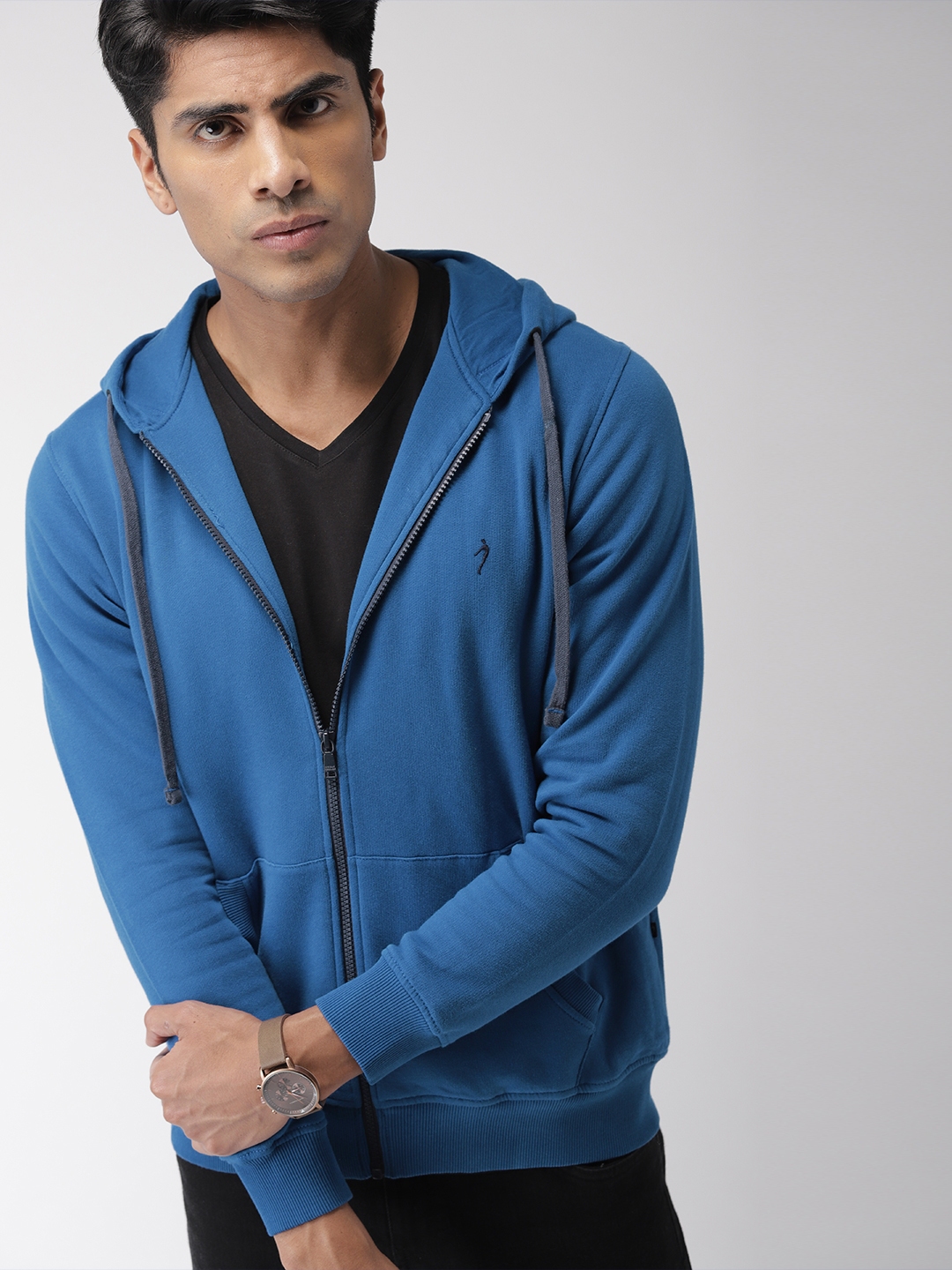 Buy Indian Terrain Men Blue Solid Hooded Sweatshirt - Sweatshirts for ...
