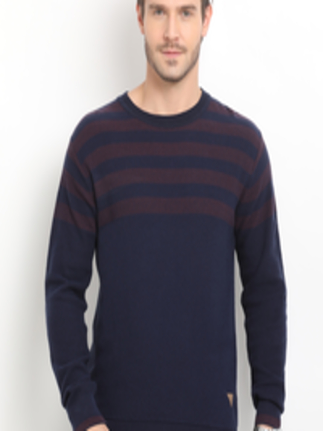 Buy Indian Terrain Men Navy Blue & Maroon Striped Pullover - Sweaters ...
