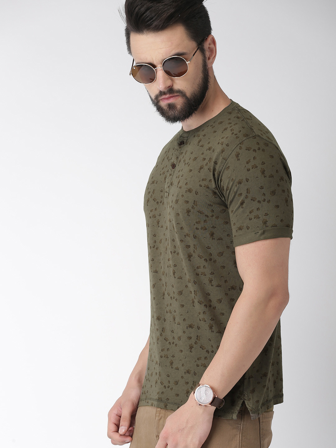 Buy Indian Terrain Men Olive Green Printed Henley Neck Pure Cotton T