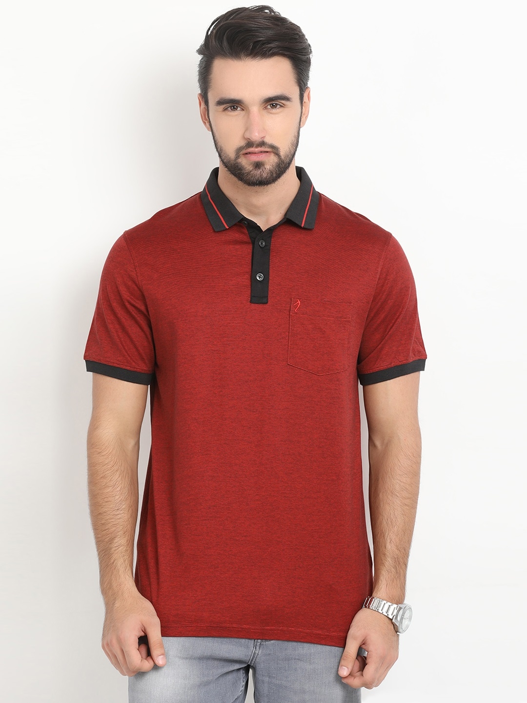 Buy Indian Terrain Men Red Self Design Polo Collar T Shirt - Tshirts ...