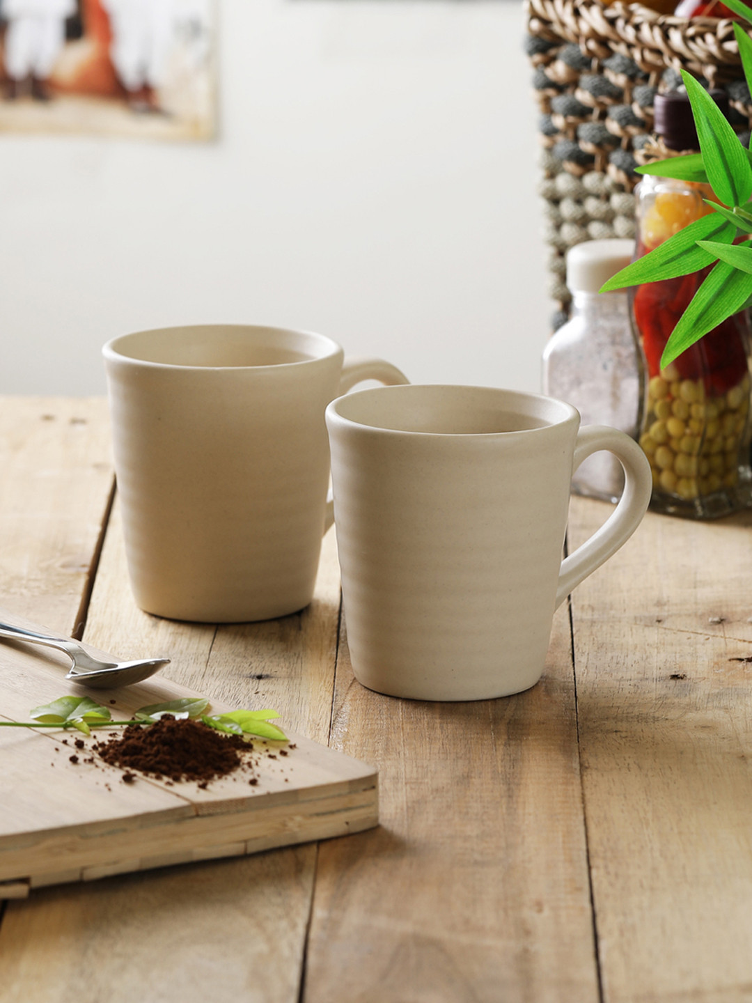 Buy MIAH Decor Set Of 2 Cream Coloured Solid Ceramic Set Cups And