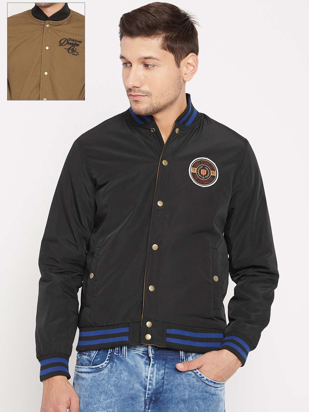Buy Duke Men Black & Brown Solid Reversible Varsity Jacket Jackets