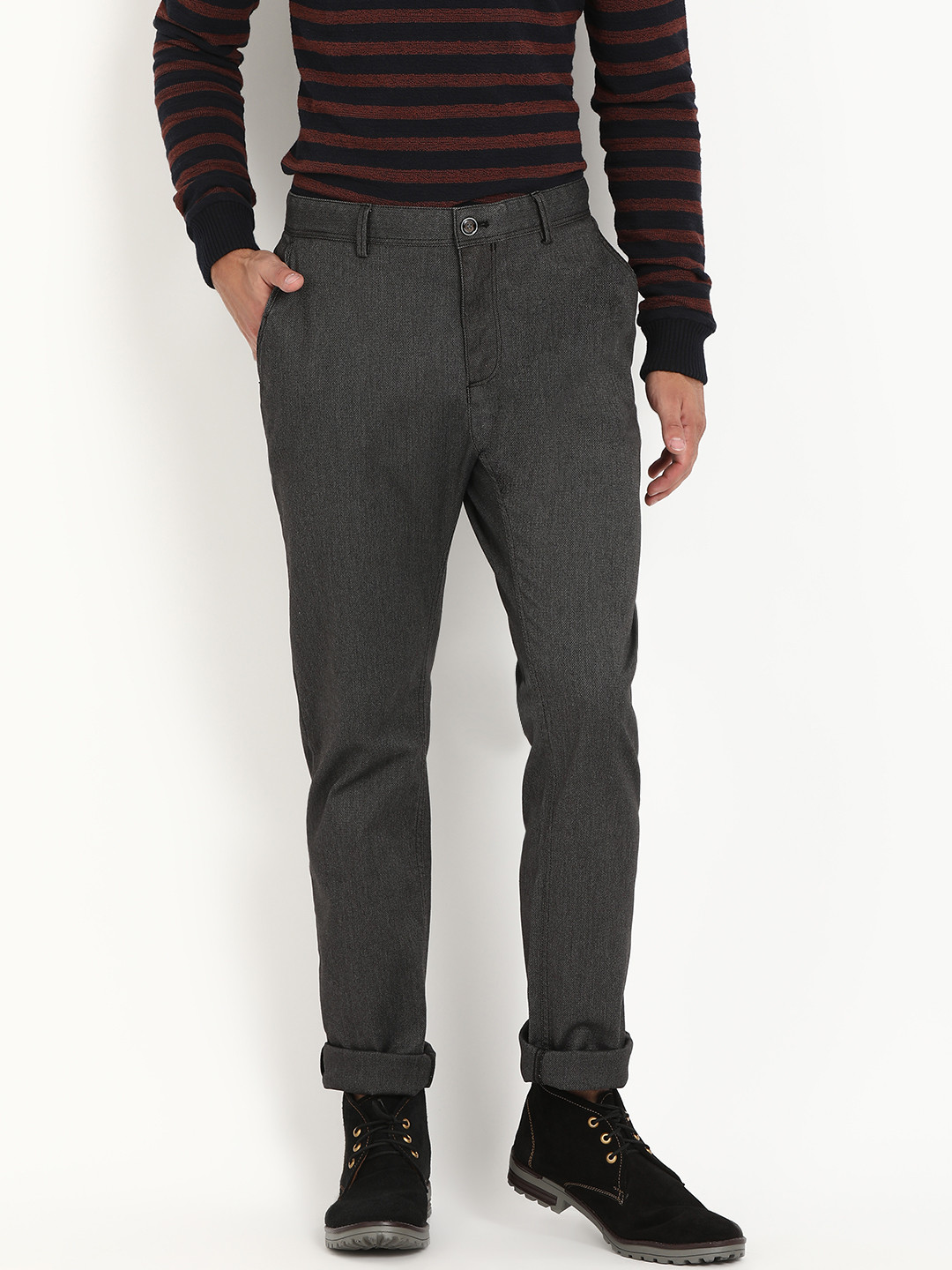 Buy Indian Terrain Men Grey Brooklyn Slim Fit Solid Regular Trousers ...