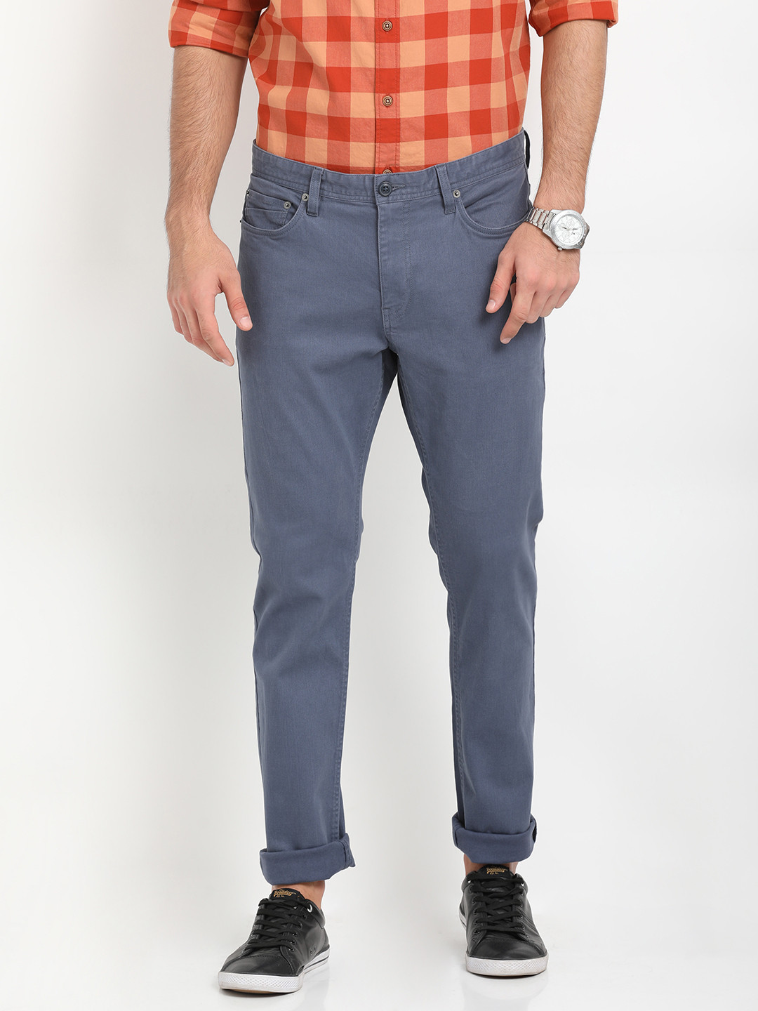 Buy Indian Terrain Men Blue Slim Fit Solid Regular Trousers - Trousers ...