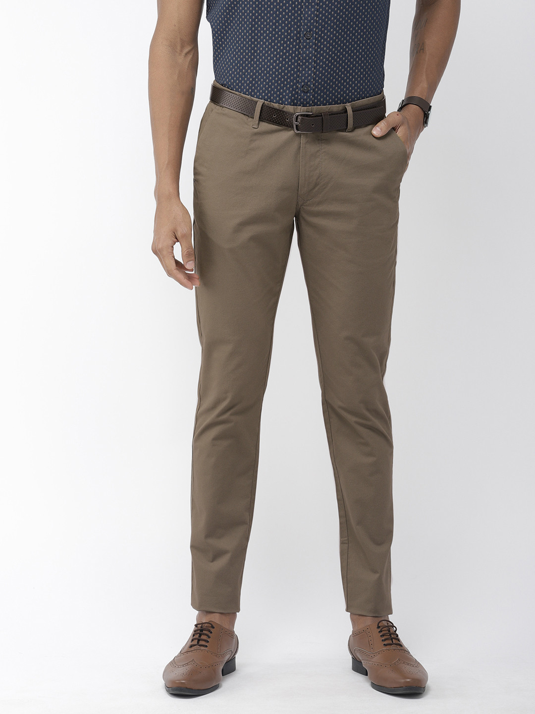 Buy Indian Terrain Men Khaki Kruger Skinny Fit Printed Formal Trousers - Trousers for Men 