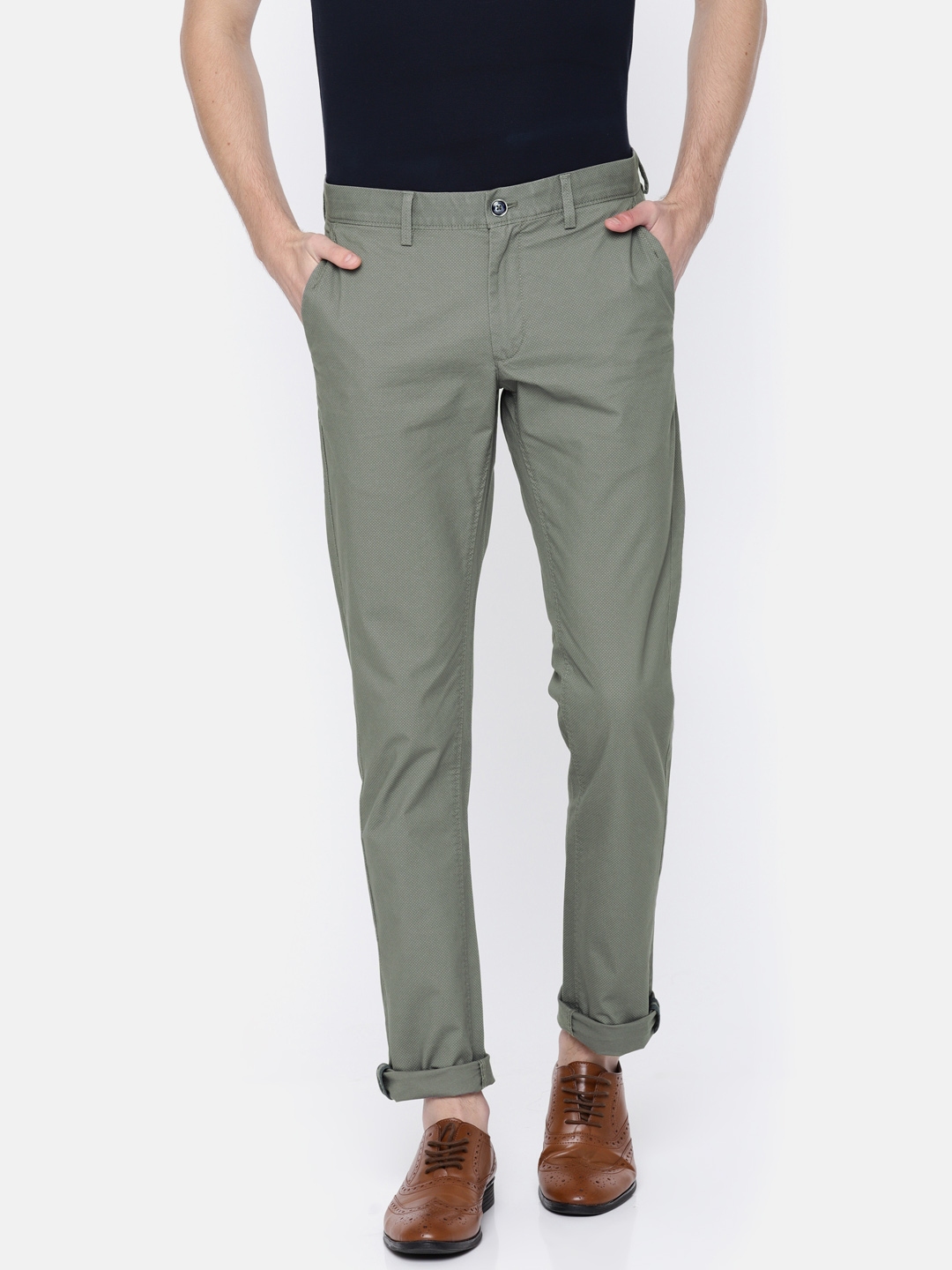 Buy Indian Terrain Men Grey Brooklyn Slim Fit Printed Regular Trousers ...