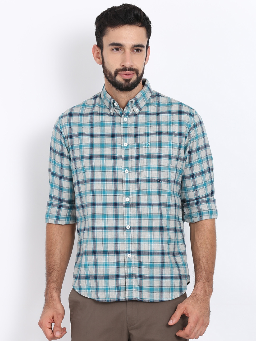 Buy Indian Terrain Men Off White & Blue Regular Fit Checked Casual ...