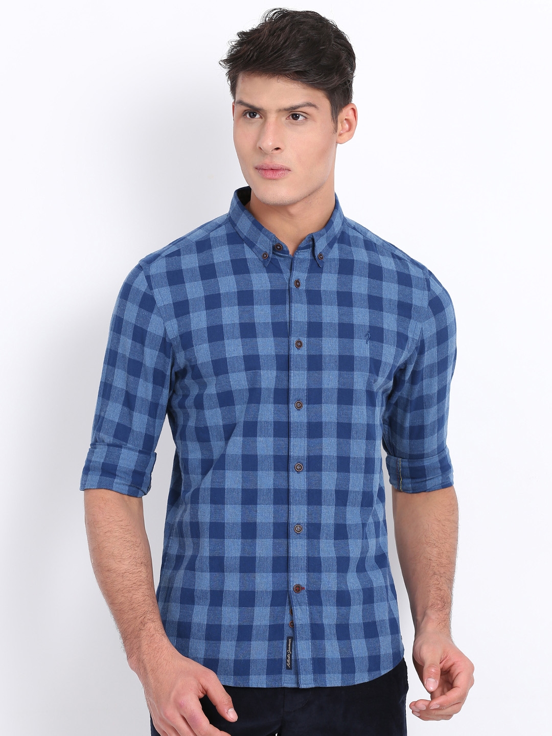 Buy Indian Terrain Men Blue Chiseled Slim Fit Checked Casual Shirt ...