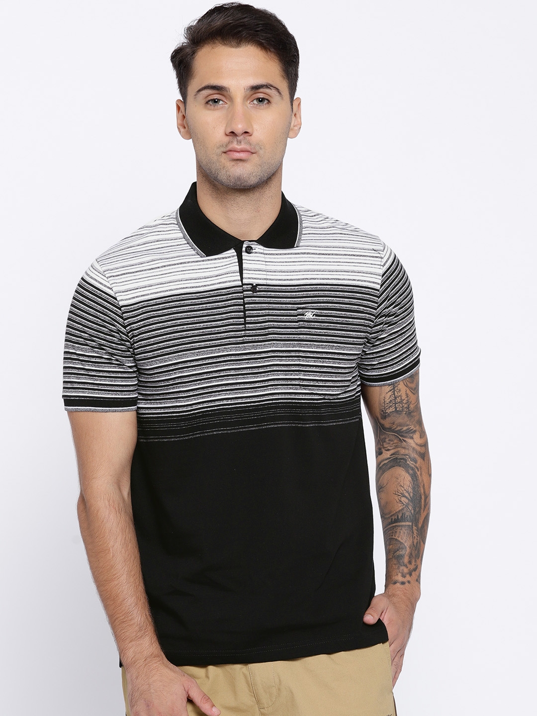 Buy Monte Carlo Men Black & White Striped Polo Collar T Shirt - Tshirts ...