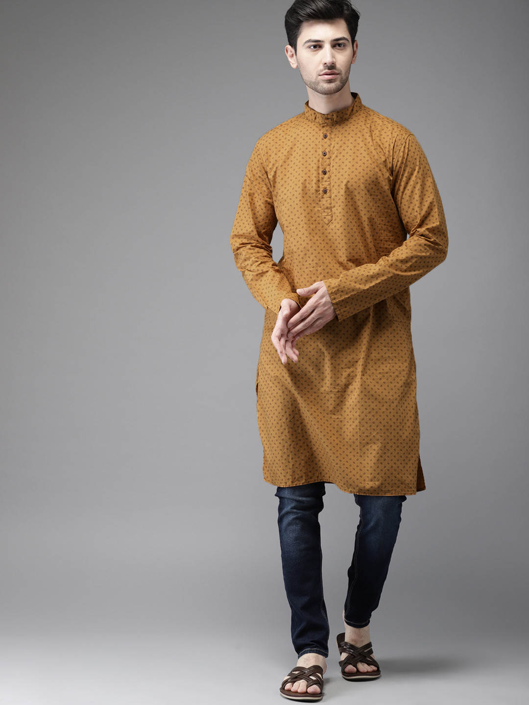 Buy Freehand Men Mustard Yellow Slim Fit Printed Straight Kurta