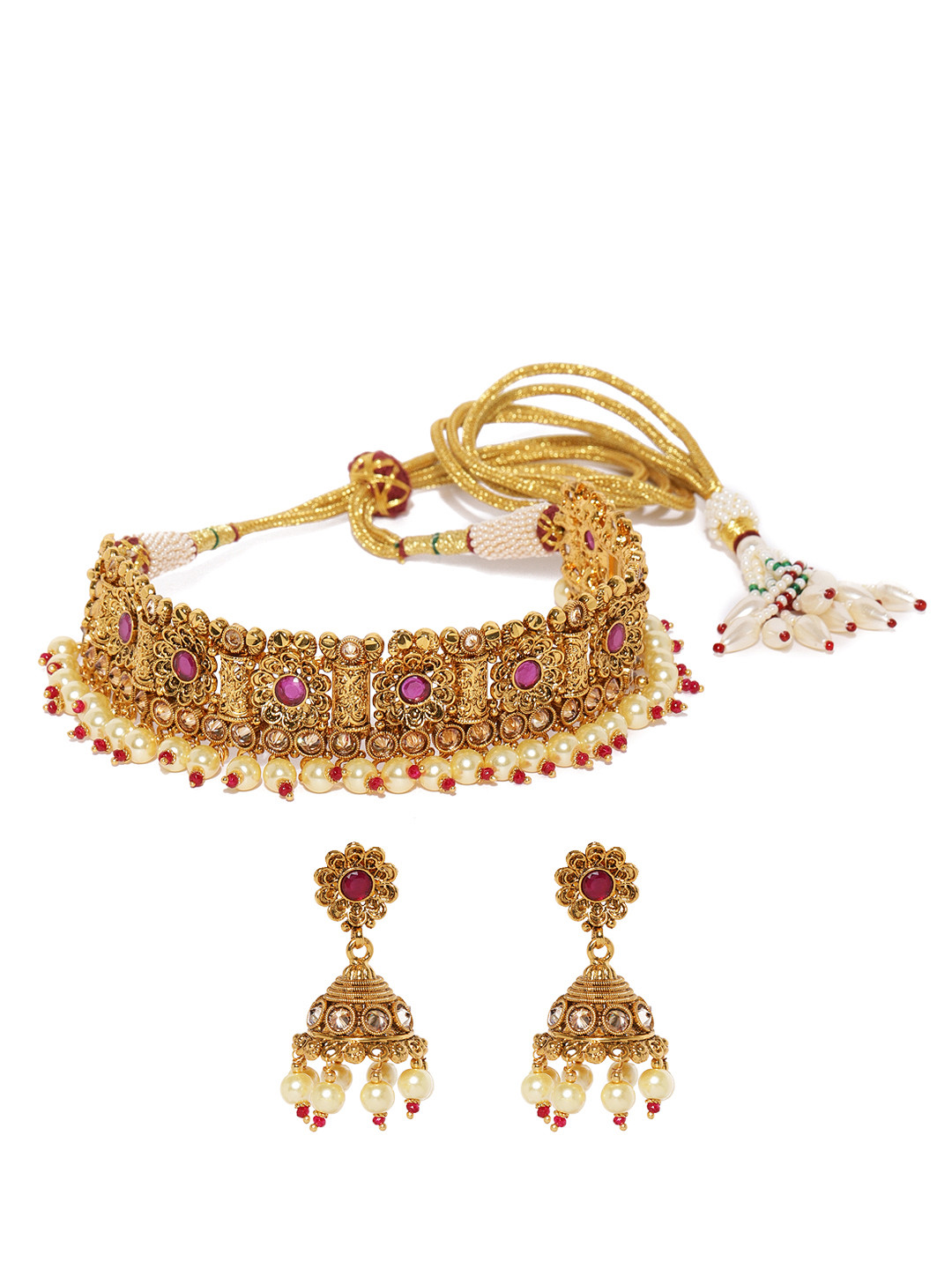 Buy Kushal's Fashion Jewellery Antique Gold Toned & Red Jewellery Set
