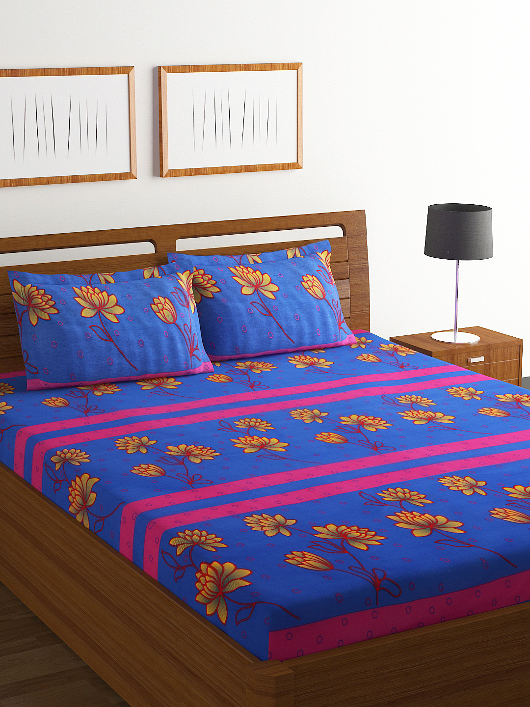 Buy BOMBAY DYEING Blue & Magenta Floral Flat 104 TC Cotton 1 Queen