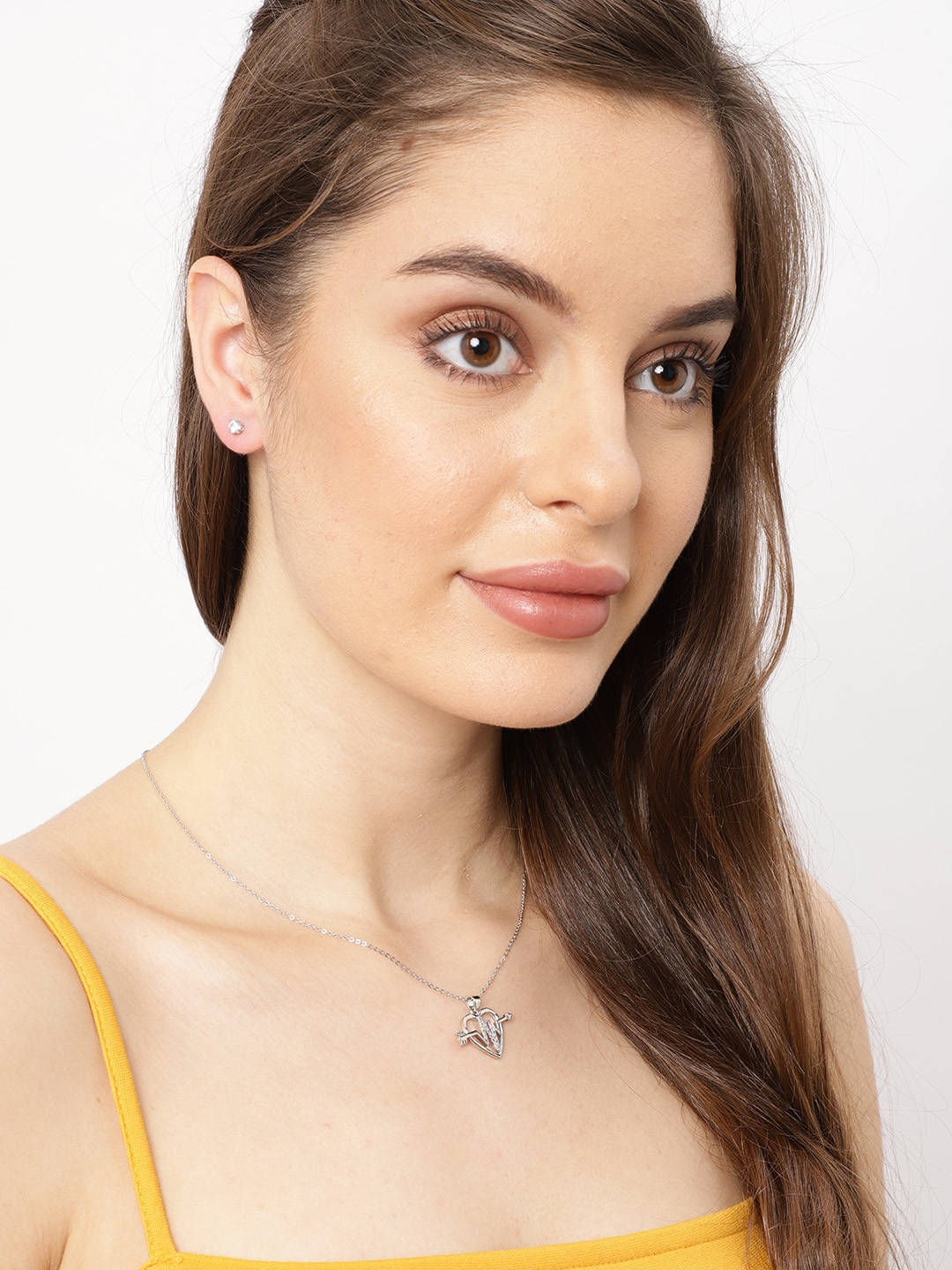 Buy Ayesha Silver Toned Set Of 2 Cupid Heart Arrow Pendant Necklace & Diamante Earrings