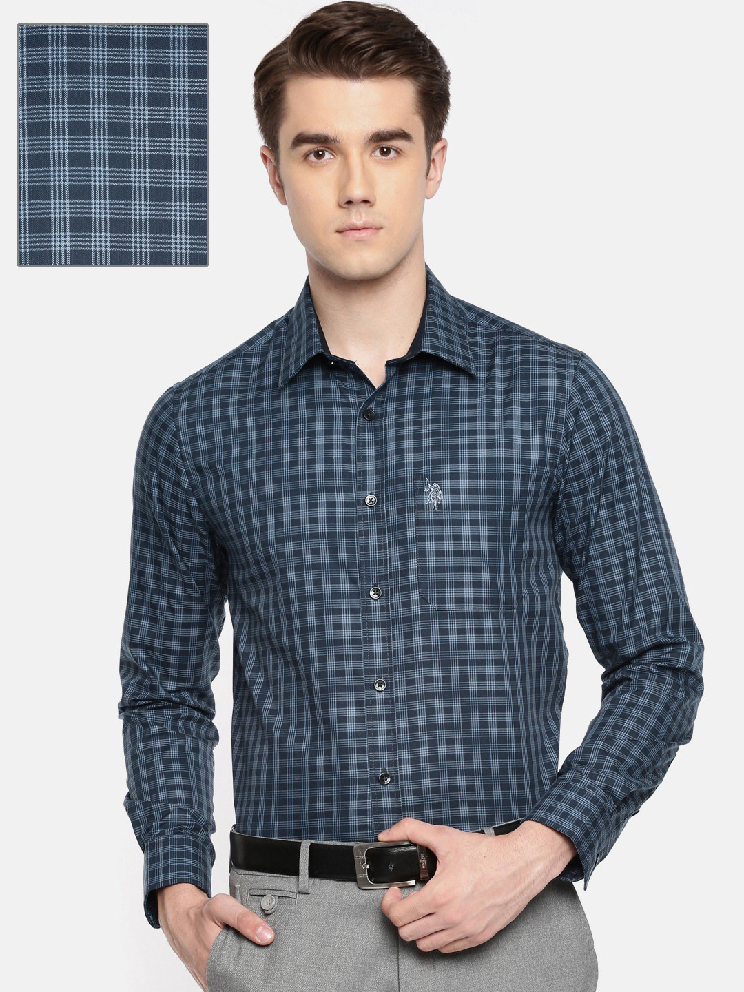 Navy Blue Men'S Checked Formal Shirts