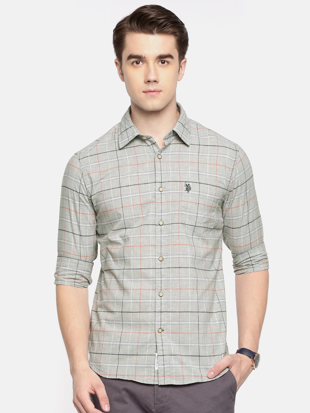 Buy U.S. Polo Assn. Men Grey Melange Tailored Fit Checked Casual Shirt