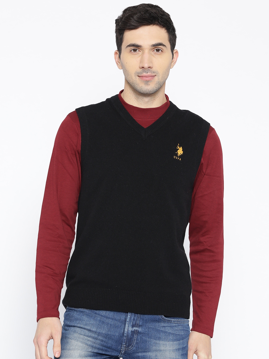 Buy U.S. Polo Assn. Men Black Solid Sweater Vest - Sweaters for Men ...