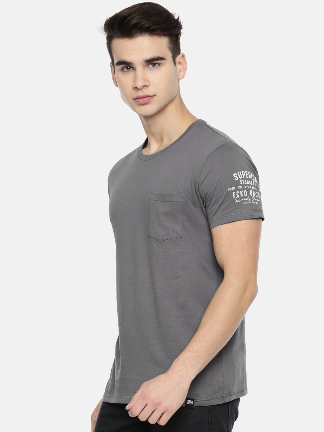 Buy Ecko Unltd Men Grey Solid Round Neck Pure Cotton T Shirt - Tshirts ...