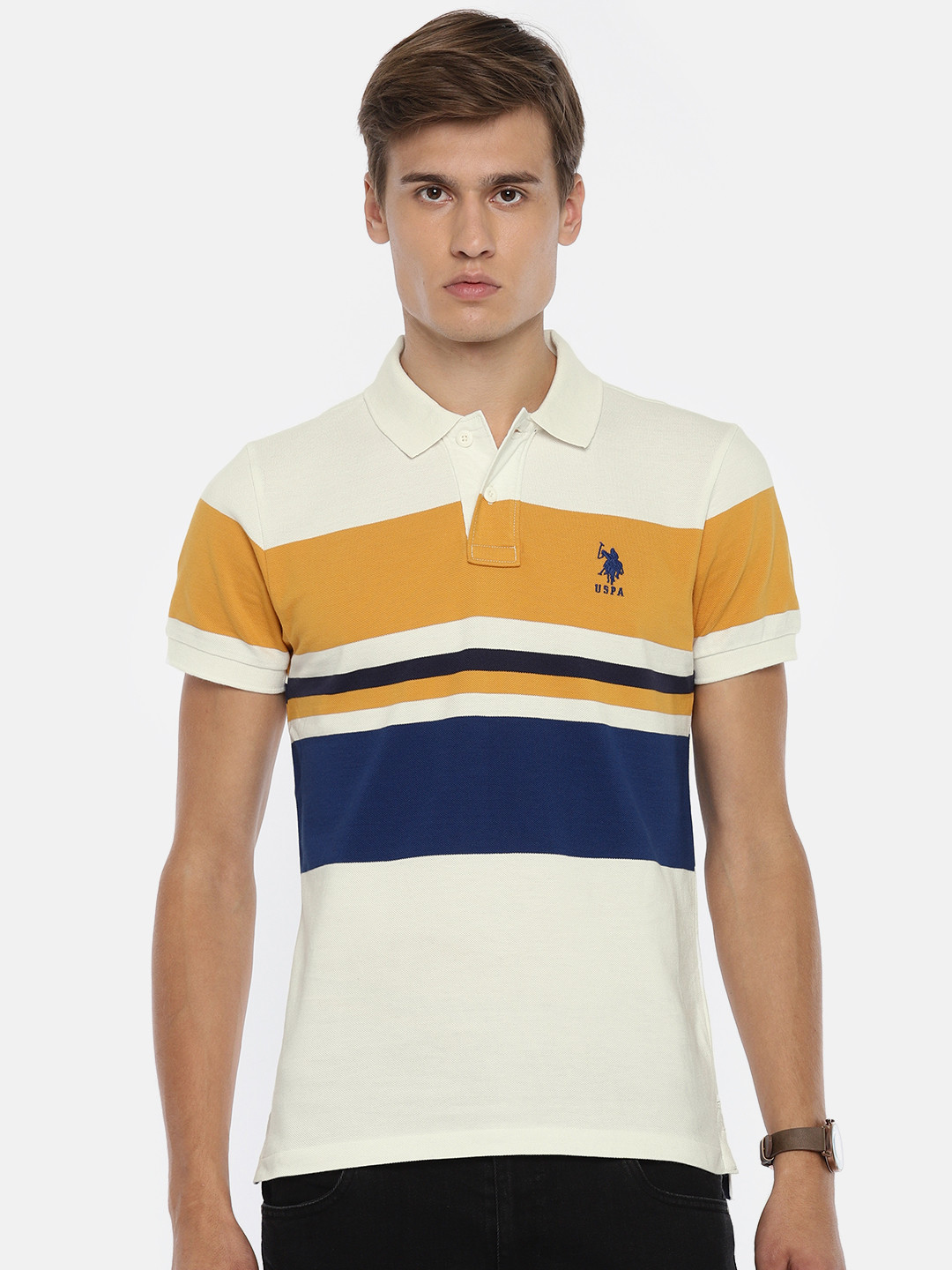 Buy U.S. Polo Assn. Men Off White Striped Polo Collar Pure Cotton T