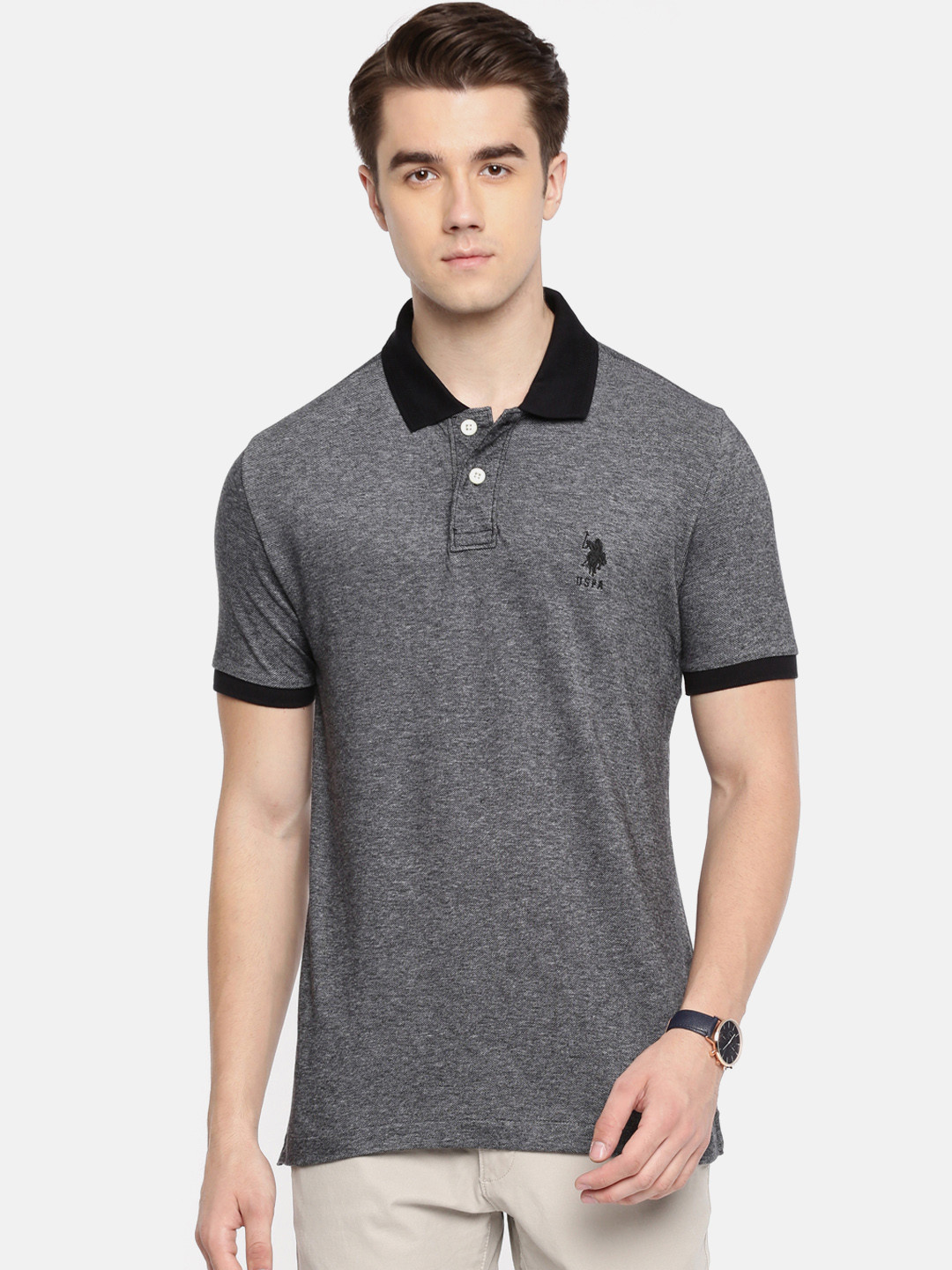 Buy U.S. Polo Assn. Men Charcoal Grey Solid Polo Collar Pure Cotton T