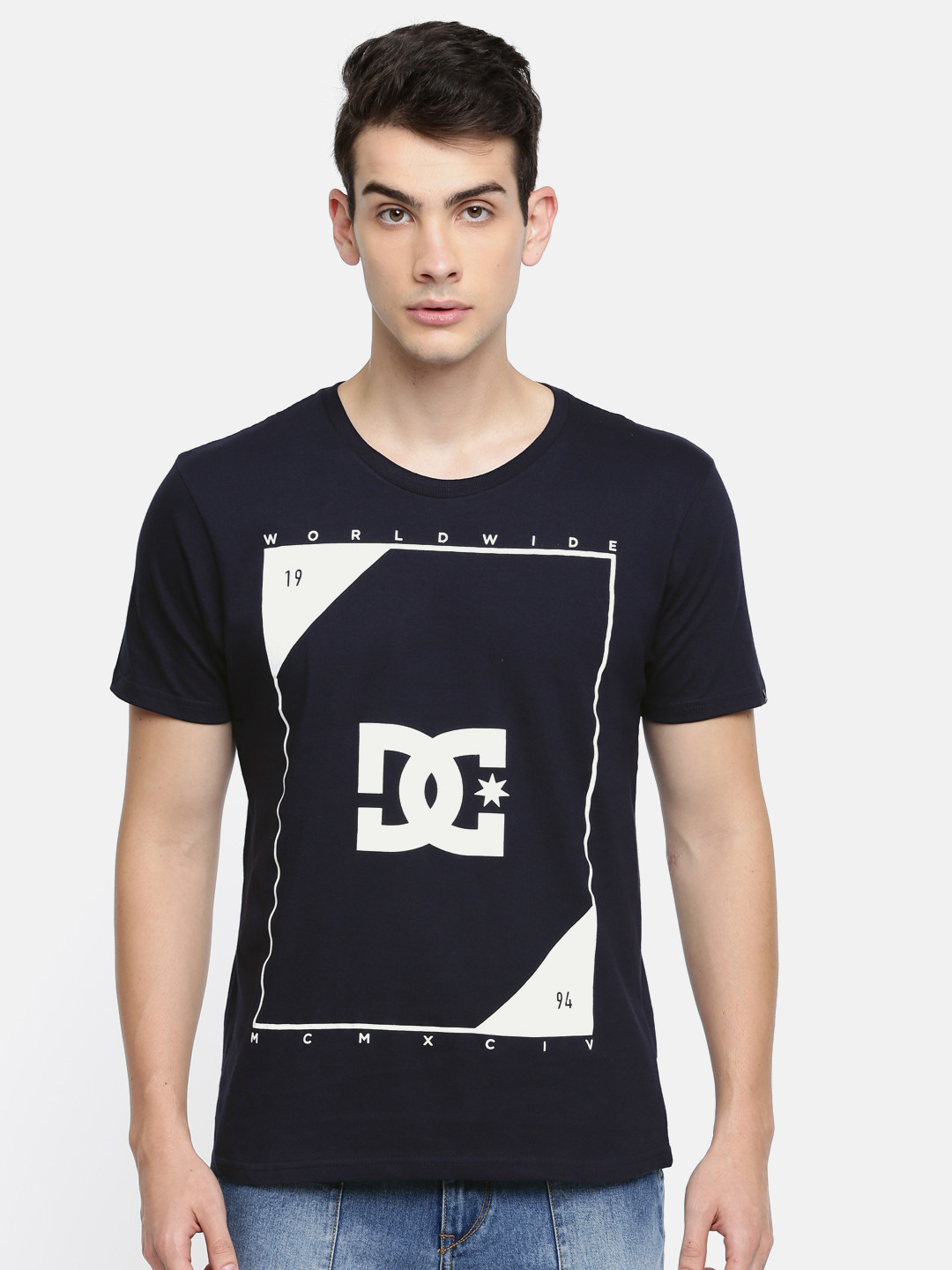 Buy DC Men Navy Blue Printed Round Neck Pure Cotton T Shirt Tshirts