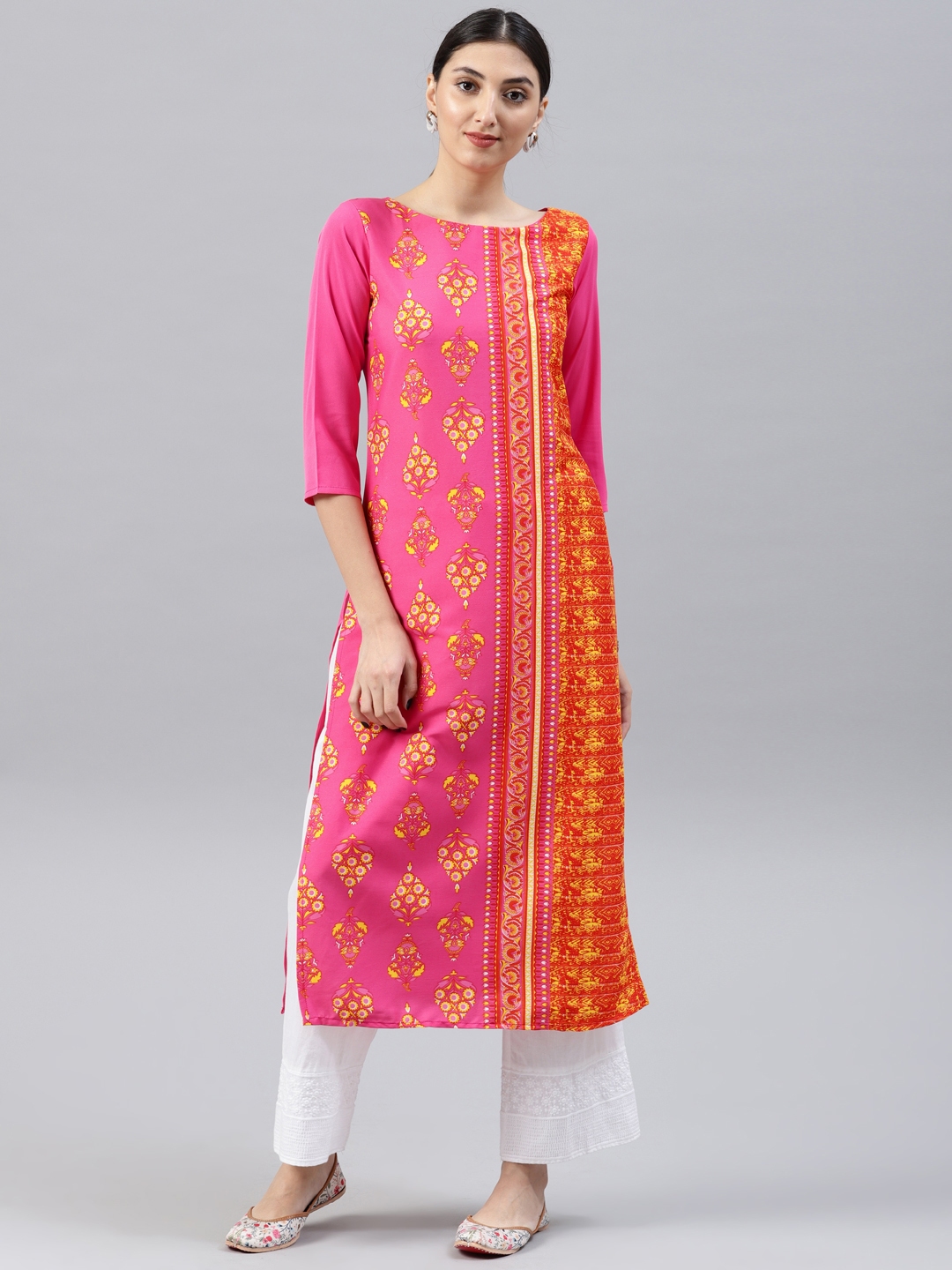 Buy AHIKA Women Pink & Orange Printed Straight Kurta - Kurtas for Women ...