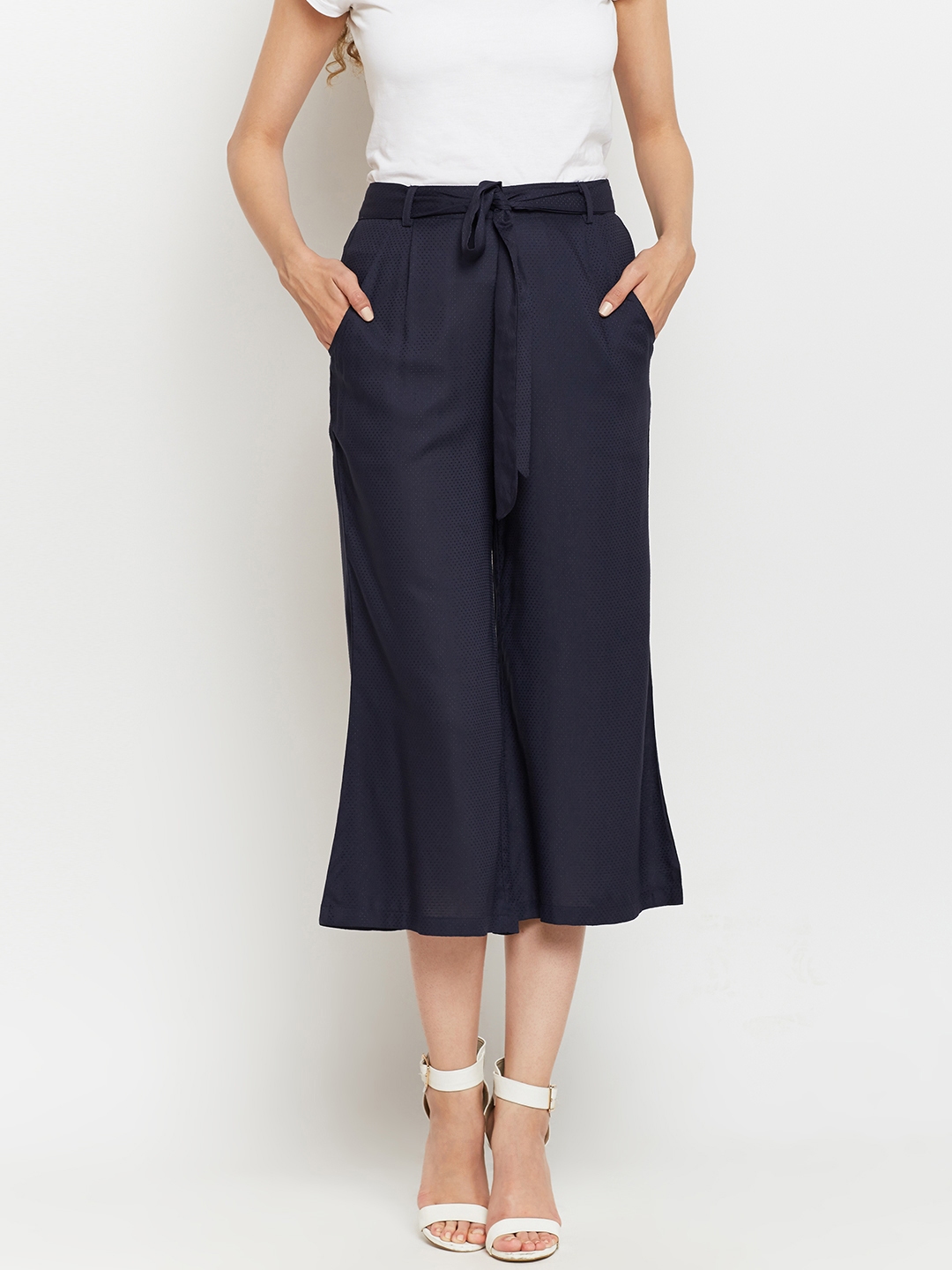 Buy WISSTLER Women Navy Blue Flared Solid Culottes - Trousers for Women ...