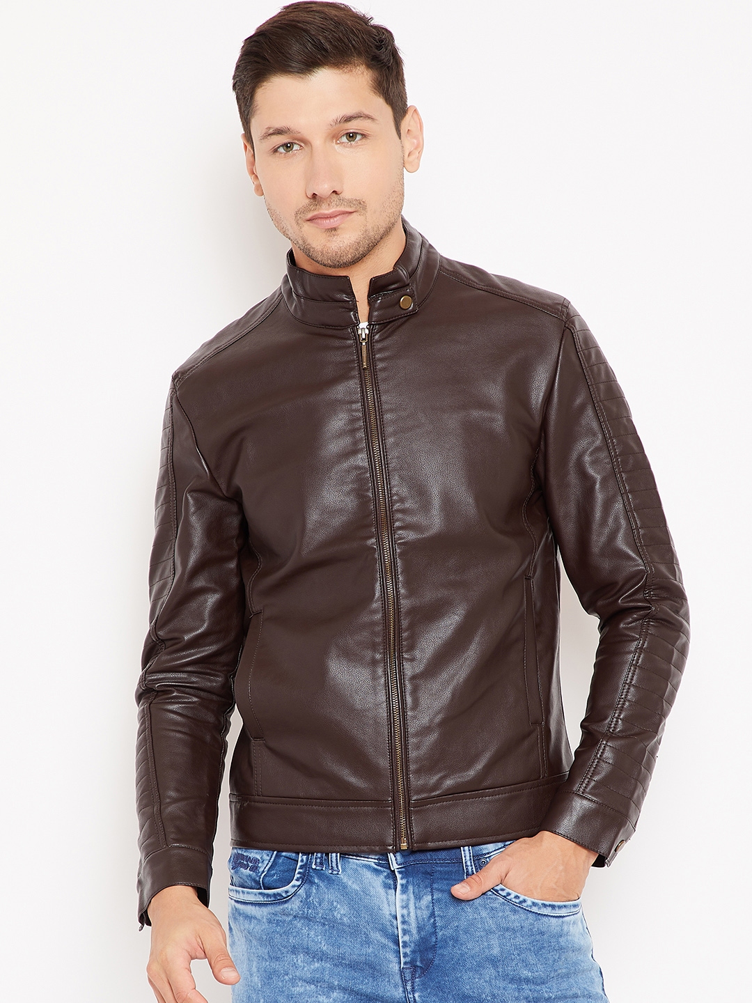 Buy Wills Lifestyle Men Coffee Brown Solid Biker Jacket - Jackets for ...