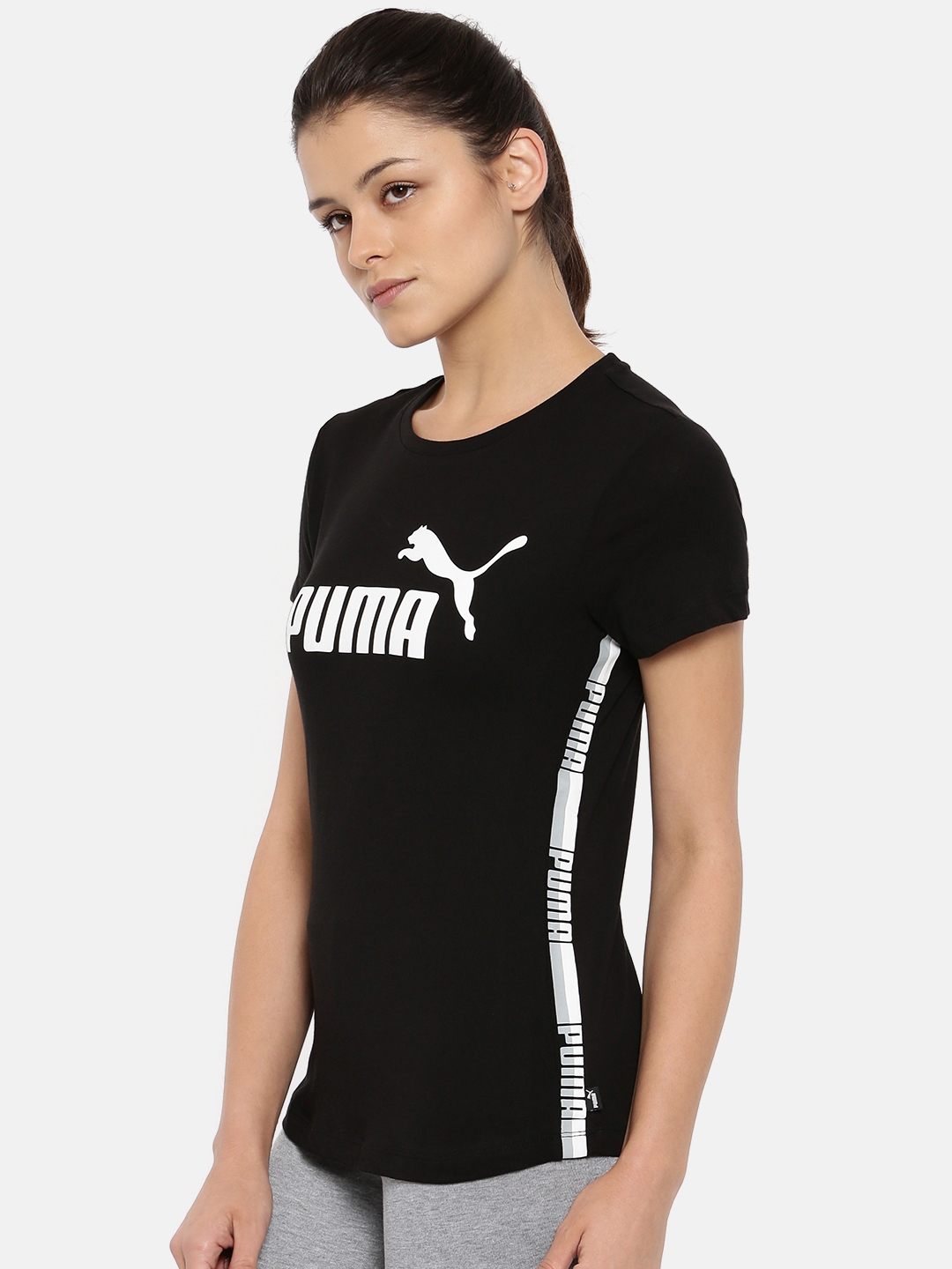 Buy Puma Women Black Regular Fit Tape Pure Cotton T Shirt - Tshirts for ...