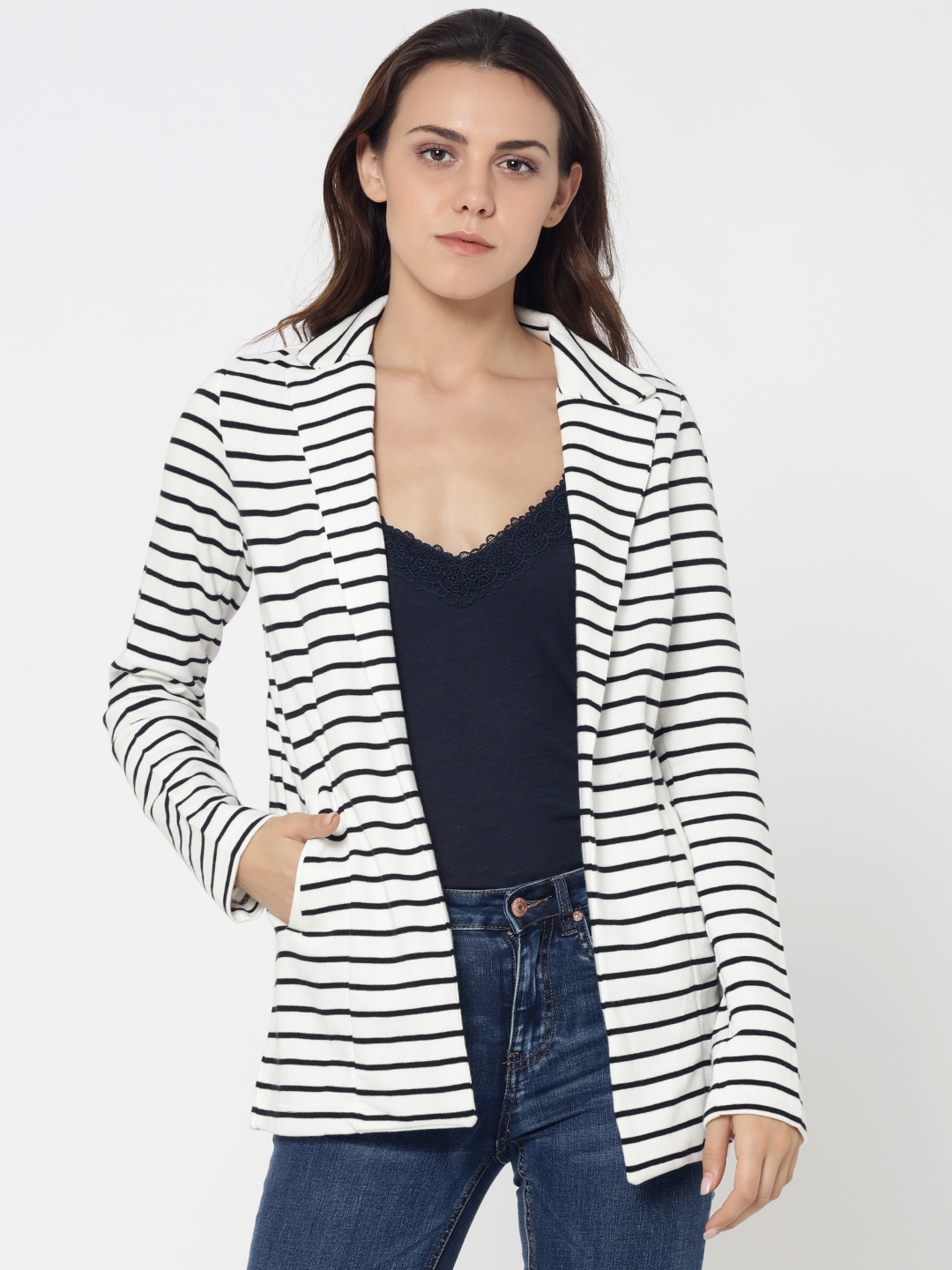 Buy ONLY White & Black Striped Casual Front Open Blazer - Blazers for ...