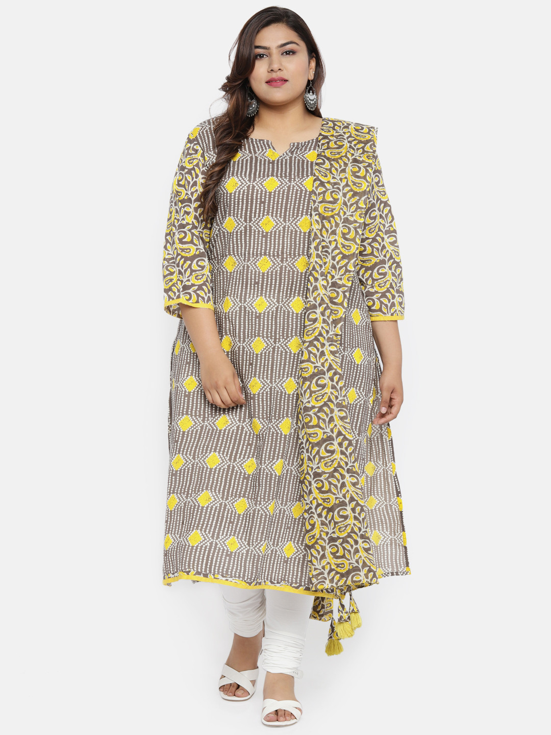 Buy ALL Plus Size Women Yellow Grey Printed A Line Kurta Kurtas for