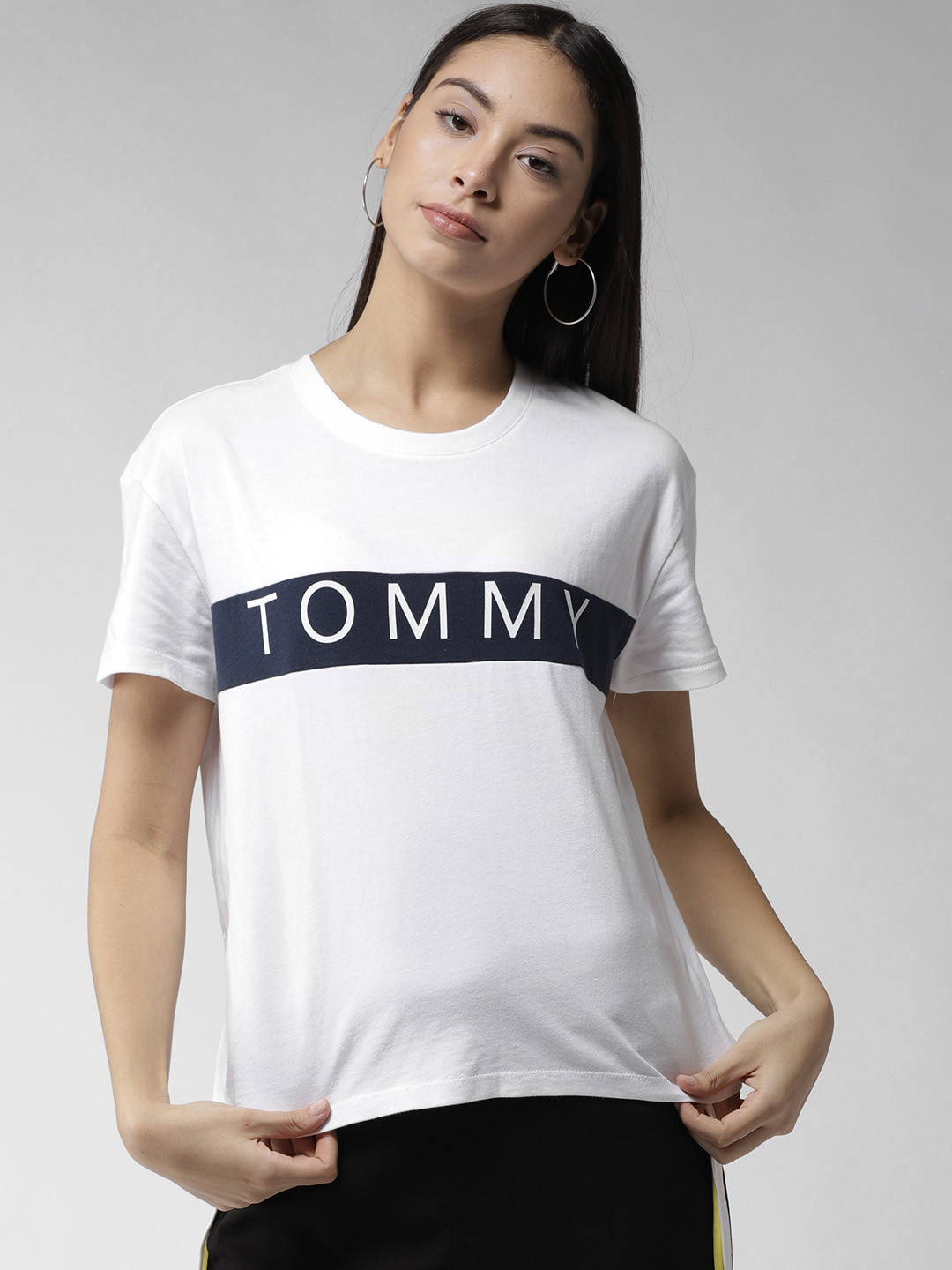 Buy Tommy Hilfiger Women White Printed Round Neck T Shirt Tshirts for