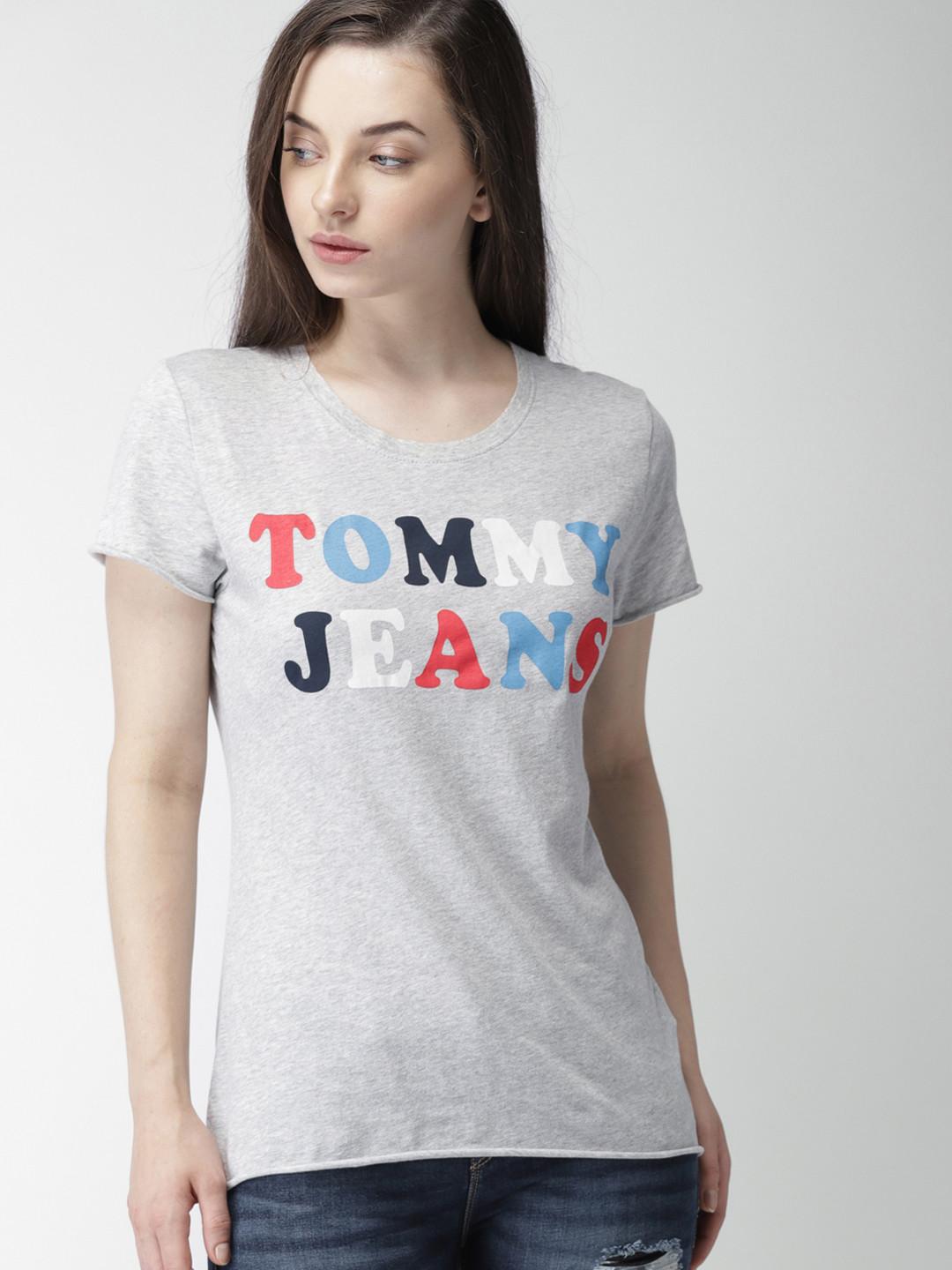 Buy Tommy Hilfiger Women Grey Melange Printed Round Neck T Shirt - Tshirts for Women 7040629 