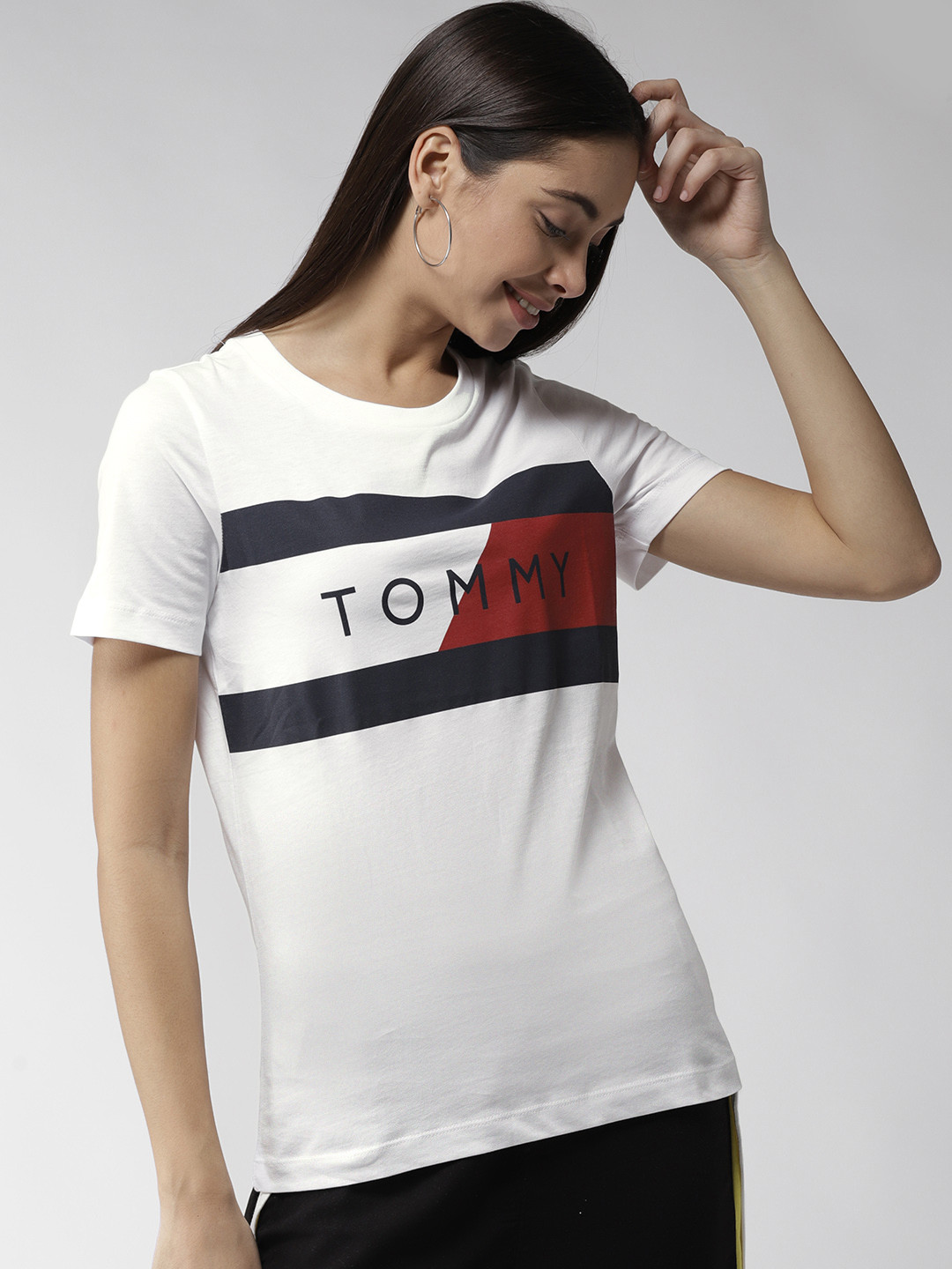 Buy Tommy Hilfiger Women White Printed Round Neck T Shirt Tshirts for