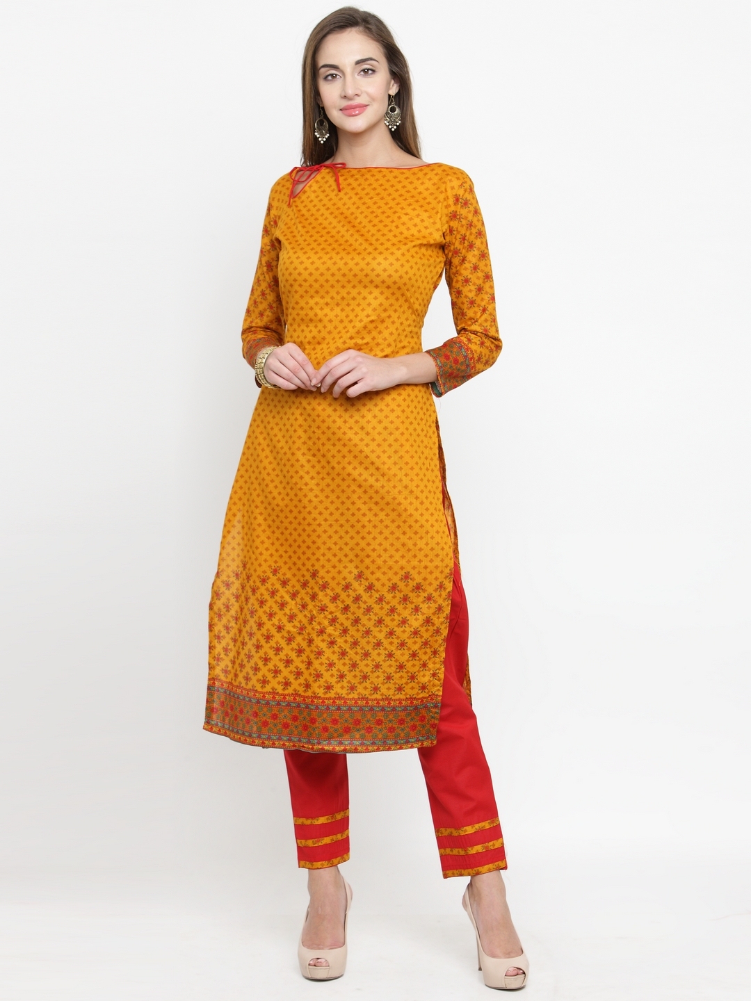 Buy Mf Mustard Yellow & Red Pure Cotton Unstitched Dress Material ...