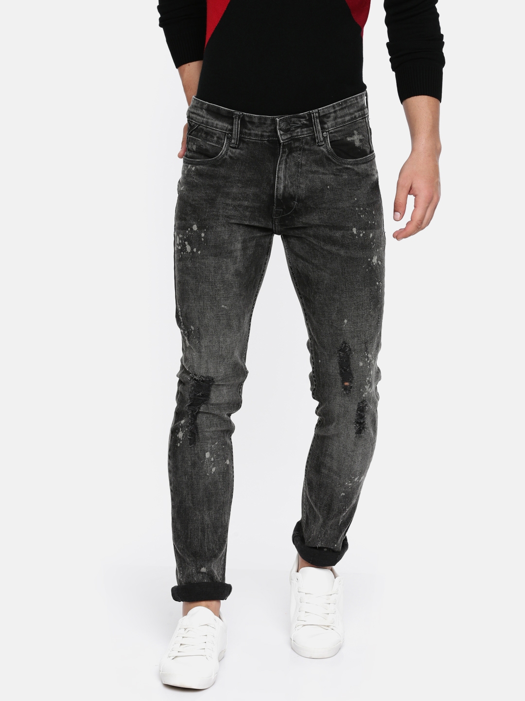 Buy People Men Grey Slim Fit Mid Rise Mildly Printed Stretchable Jeans ...