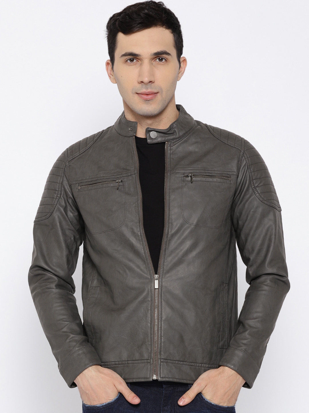 Buy V Dot Men Charcoal Grey Solid Biker Jacket - Jackets for Men ...