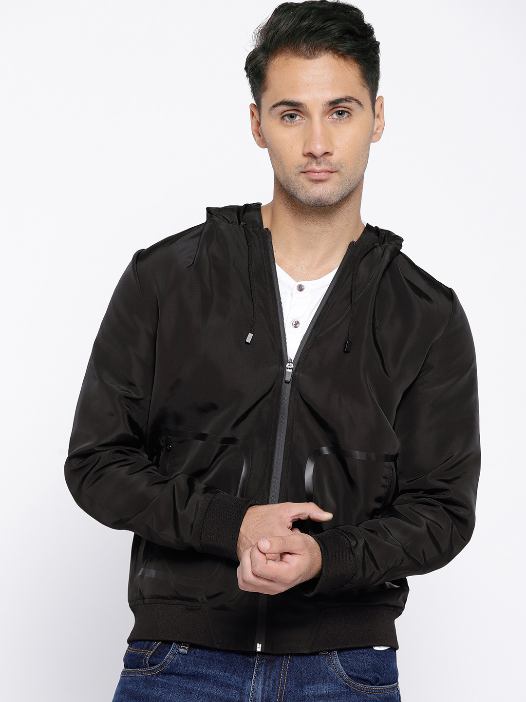 Buy Van Heusen Sport Men Black Solid Hooded Bomber Jacket Jackets for Men 7046119 Myntra