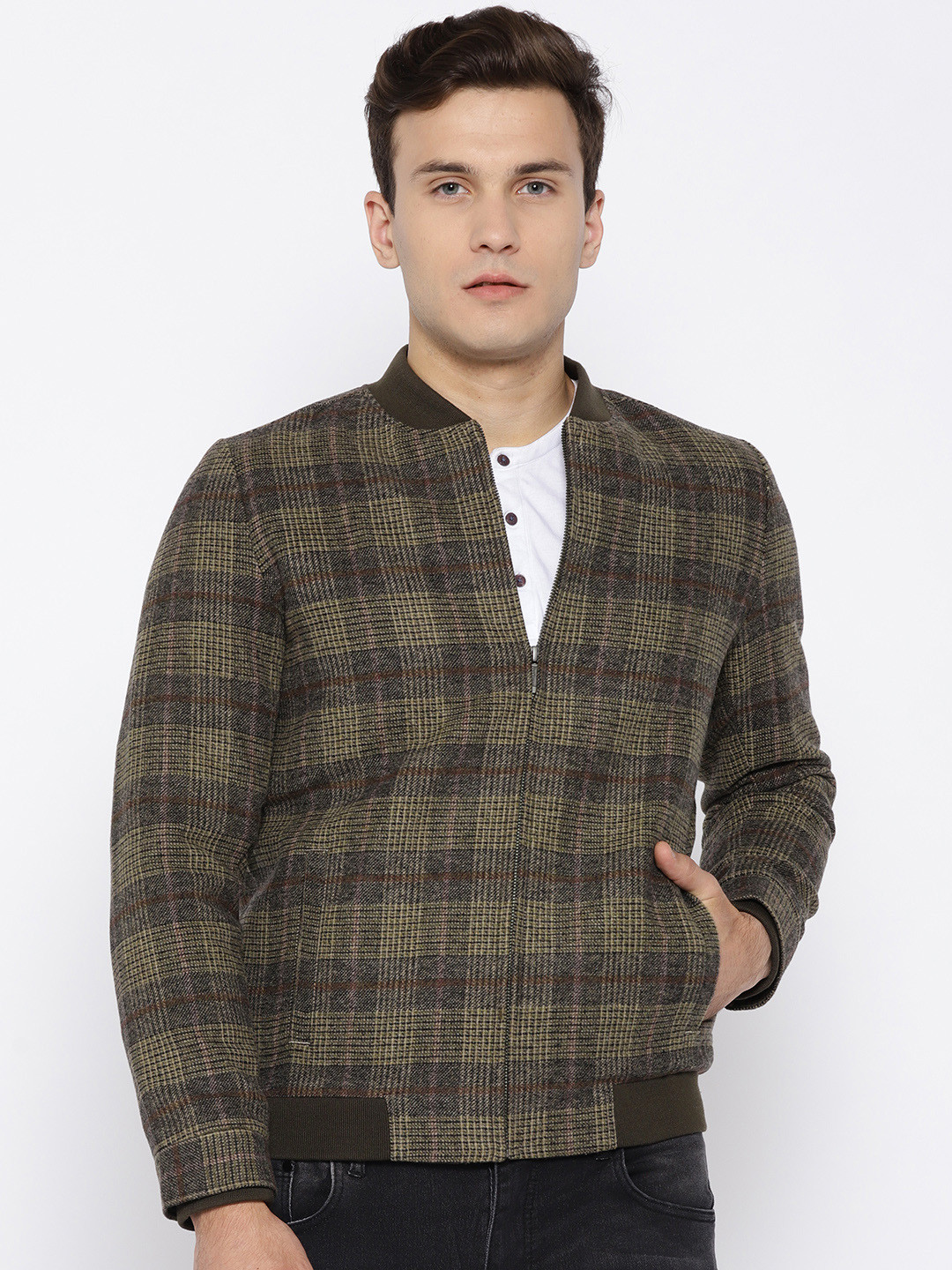 Buy Van Heusen Men Olive Brown Checked Bomber Jacket Jackets for Men 7046137 Myntra