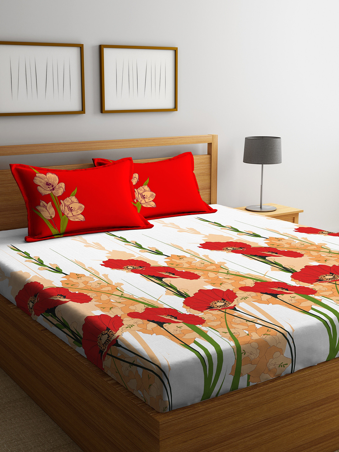Buy Portico New York White & Red Floral Flat 210 TC Cotton 1 King