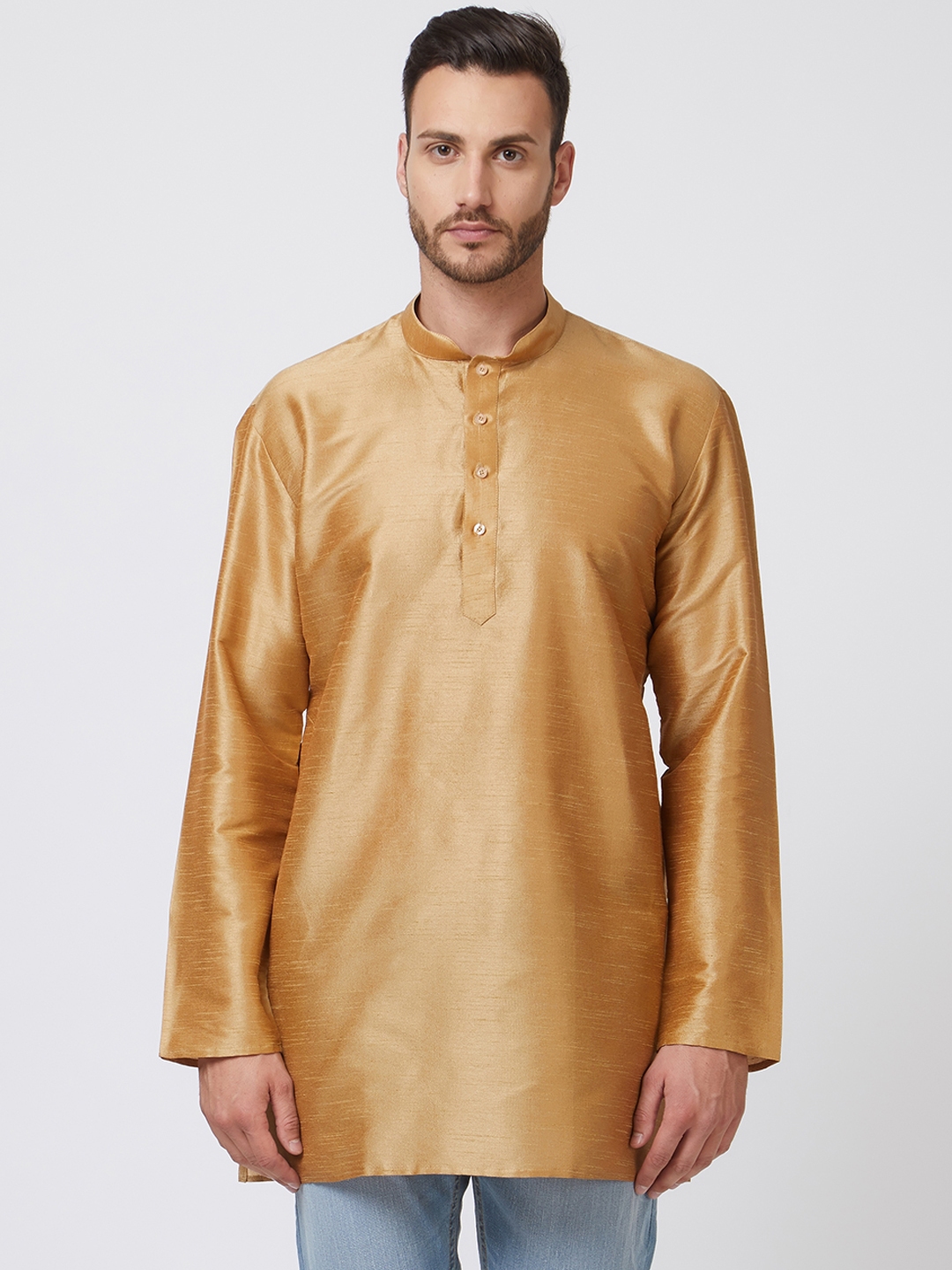 Buy Silk India Men Gold Toned Woven Design Straight Kurta - Kurtas for ...