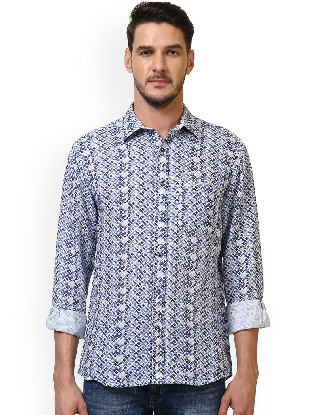 Buy ColorPlus Men Blue & White Tailored Fit Printed Casual Shirt